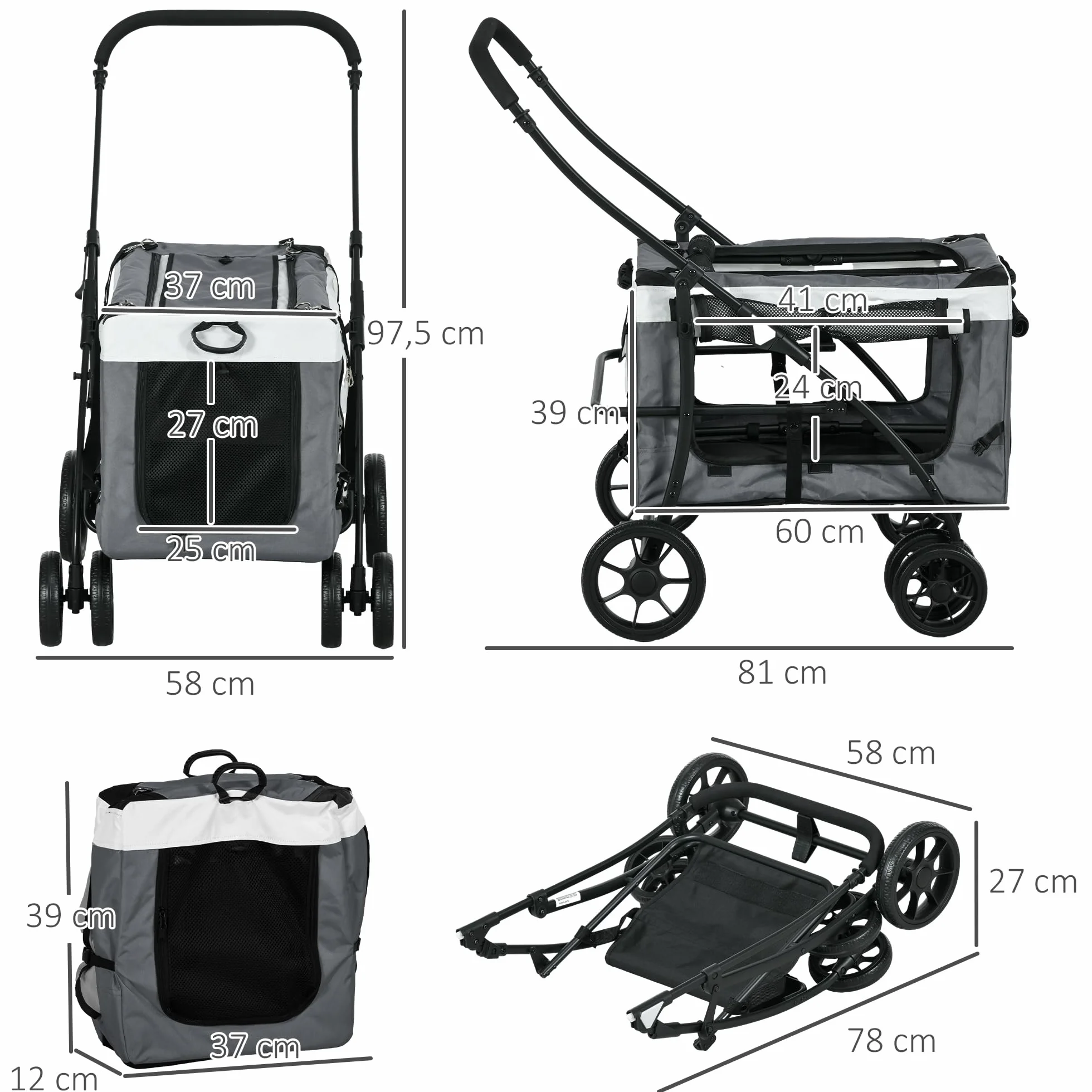 PawHut Poussette pliable animaux chien chat 2 en 1, nacelle amovible 4 roues avec frein 81 x 58 x 97,5 cm gris