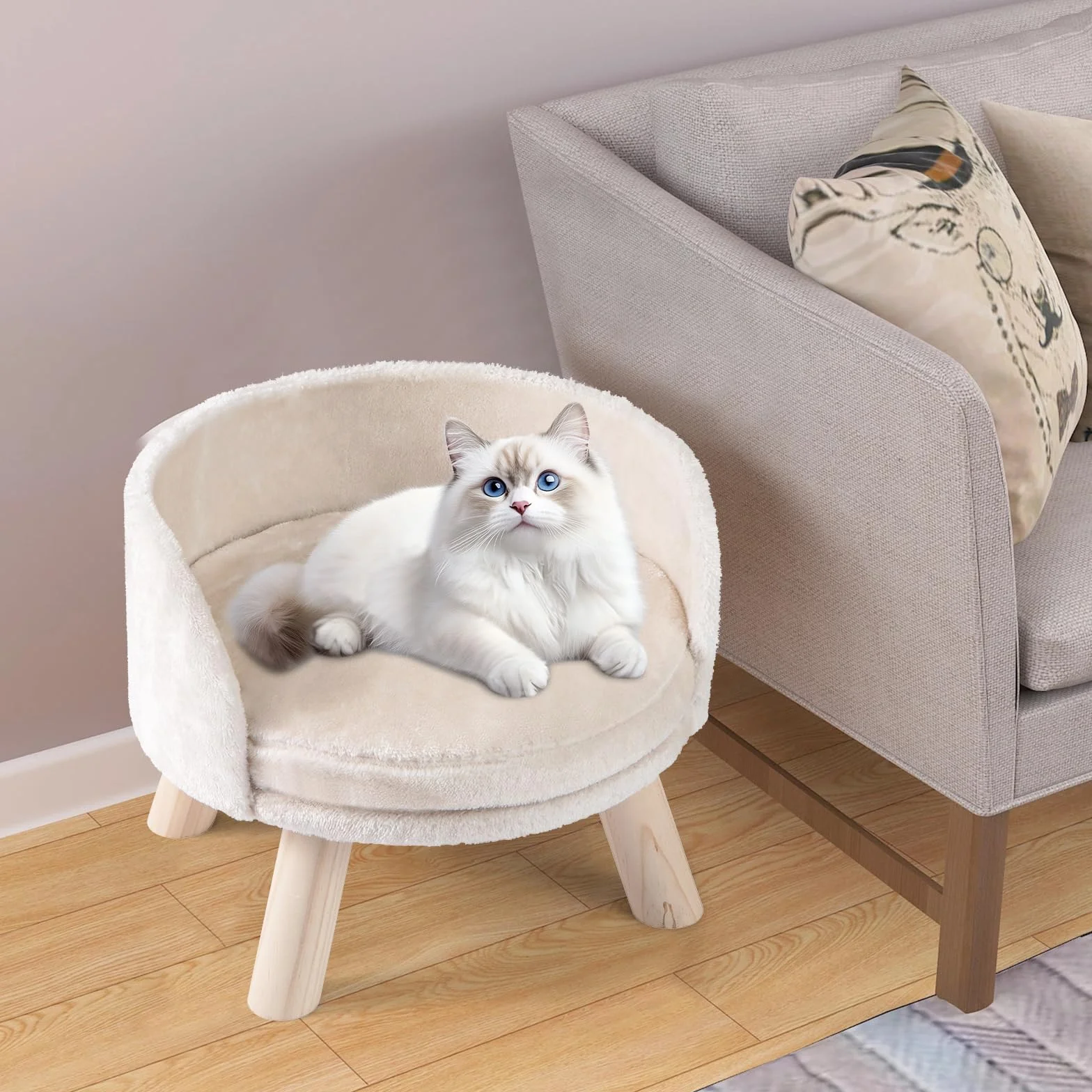 COSTWAY Canapé Lit pour Chien Chat 30 kg, Coussin Amovible, Bois de Pin, 42 x 42 x 33 cm, Beige