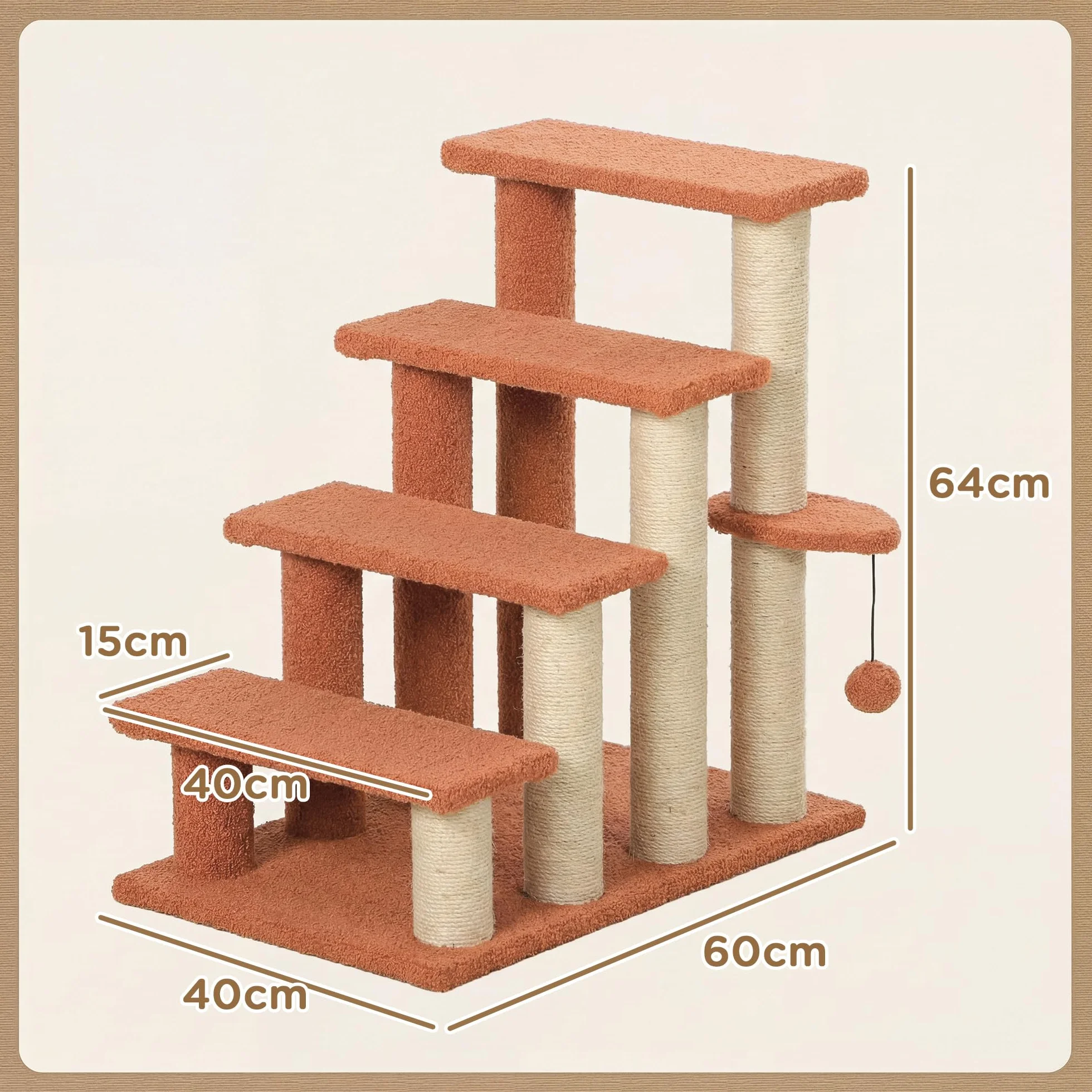 PawHut Escalier pour chats 4 marches avec griffoir balle de jeu pour animaux jusqu'à 5 kg marron 60 x 40