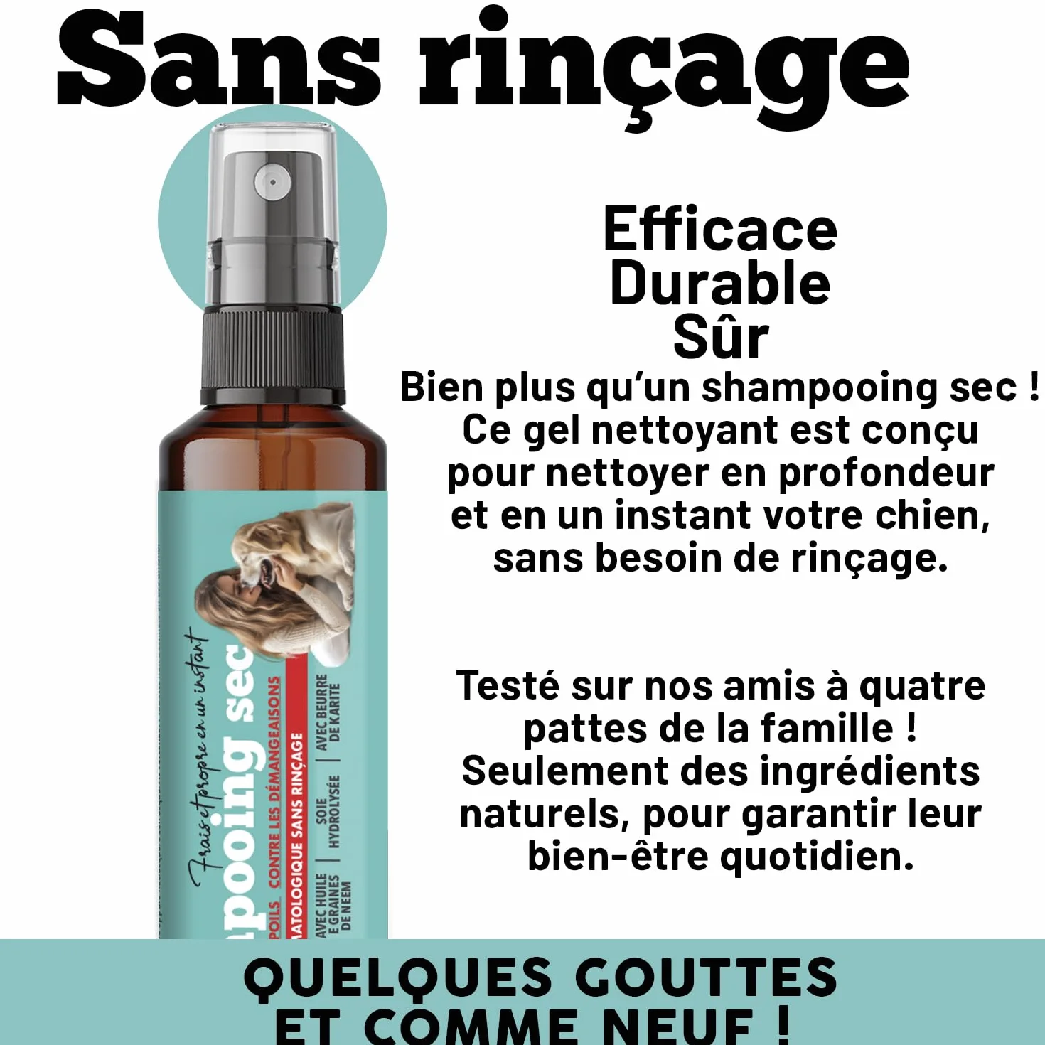 MyPetPrime Shampooing Sec en Gel pour Chiens | sans Rinçage | Anti-Odeur | Dermatologique | Hygiénique, Anti-Démangeaisons | avec Huile de Graines de Neem | pour Toutes Races | Fabriqué en Italie