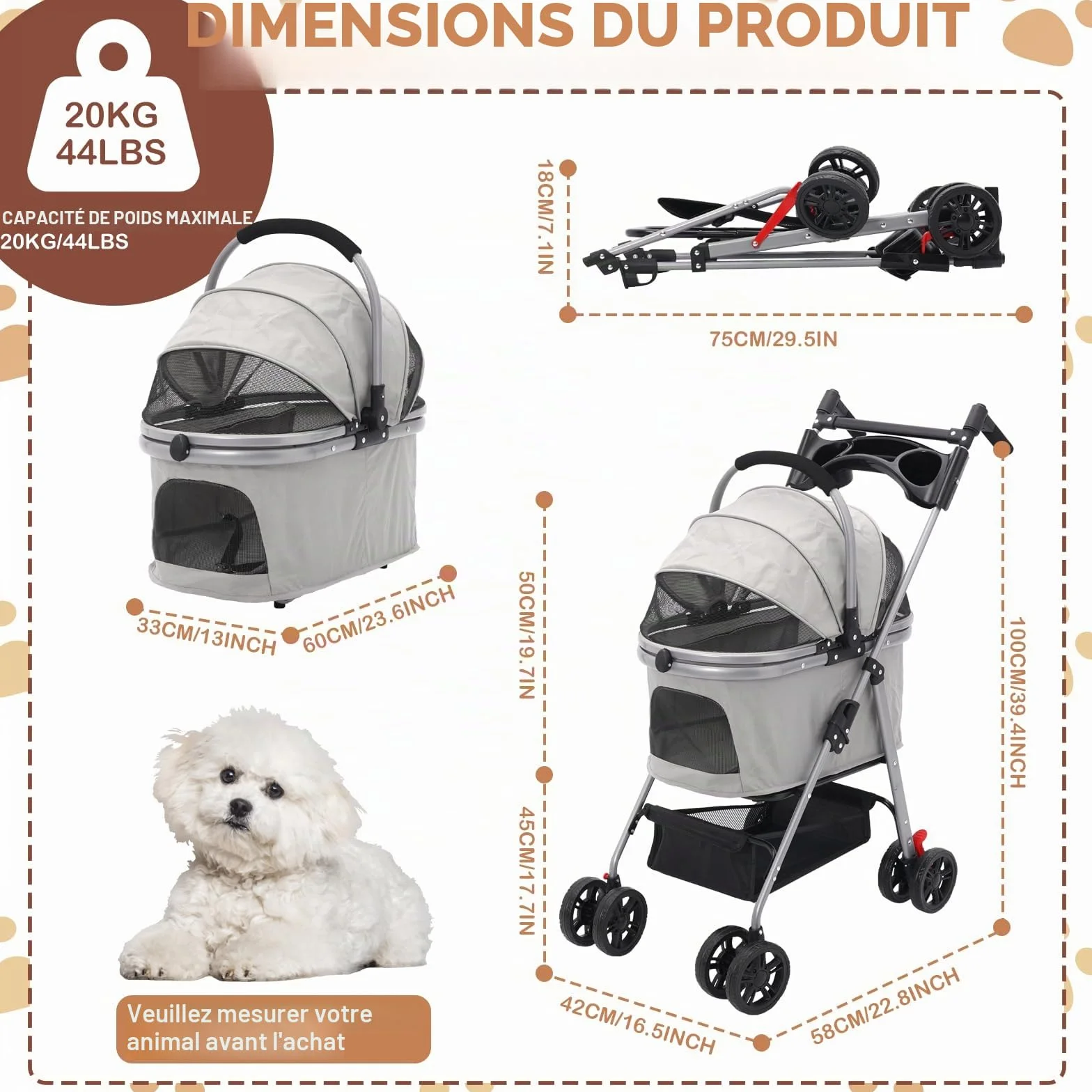 Poussette pour Chien 3-en-1 Pliable jusqu'à 20 kg Roues 360° Résistant à l'Usure