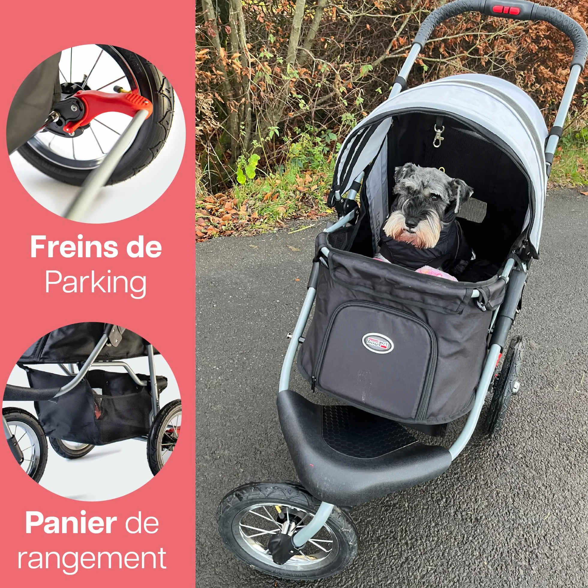 Poussette Innopet Comfort Air Eco pour chiens et chats, noir/argent - 12 pouces pneus pneumatiques - Pliable une main - Organiseur - Tissu nylon recyclé