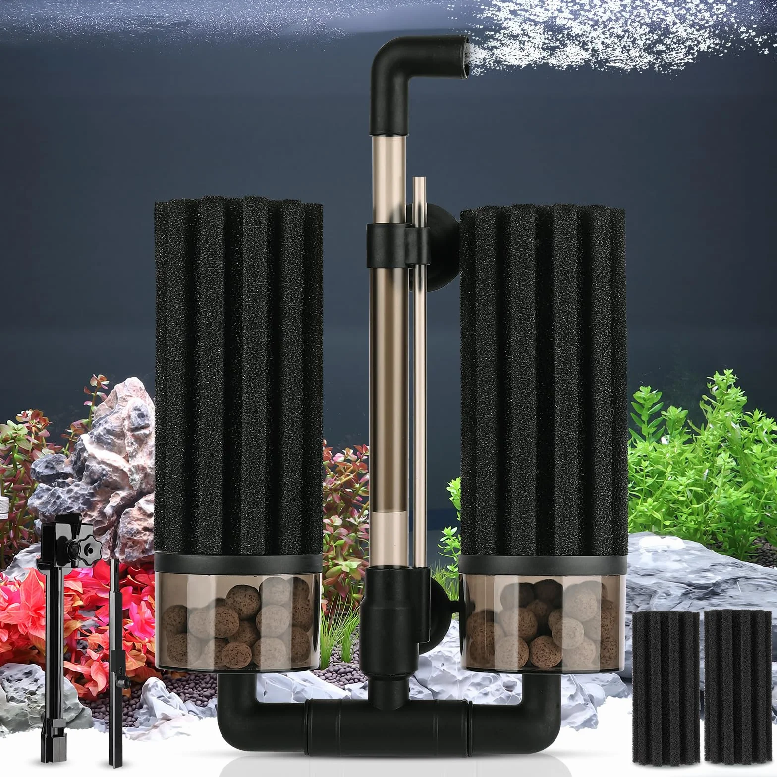 Hygger Filtre à Double éponge pour Aquarium, Double Filtration, Pivotant, Clip Extensible, Submersible, Eau Douce ou Salée, 208 L