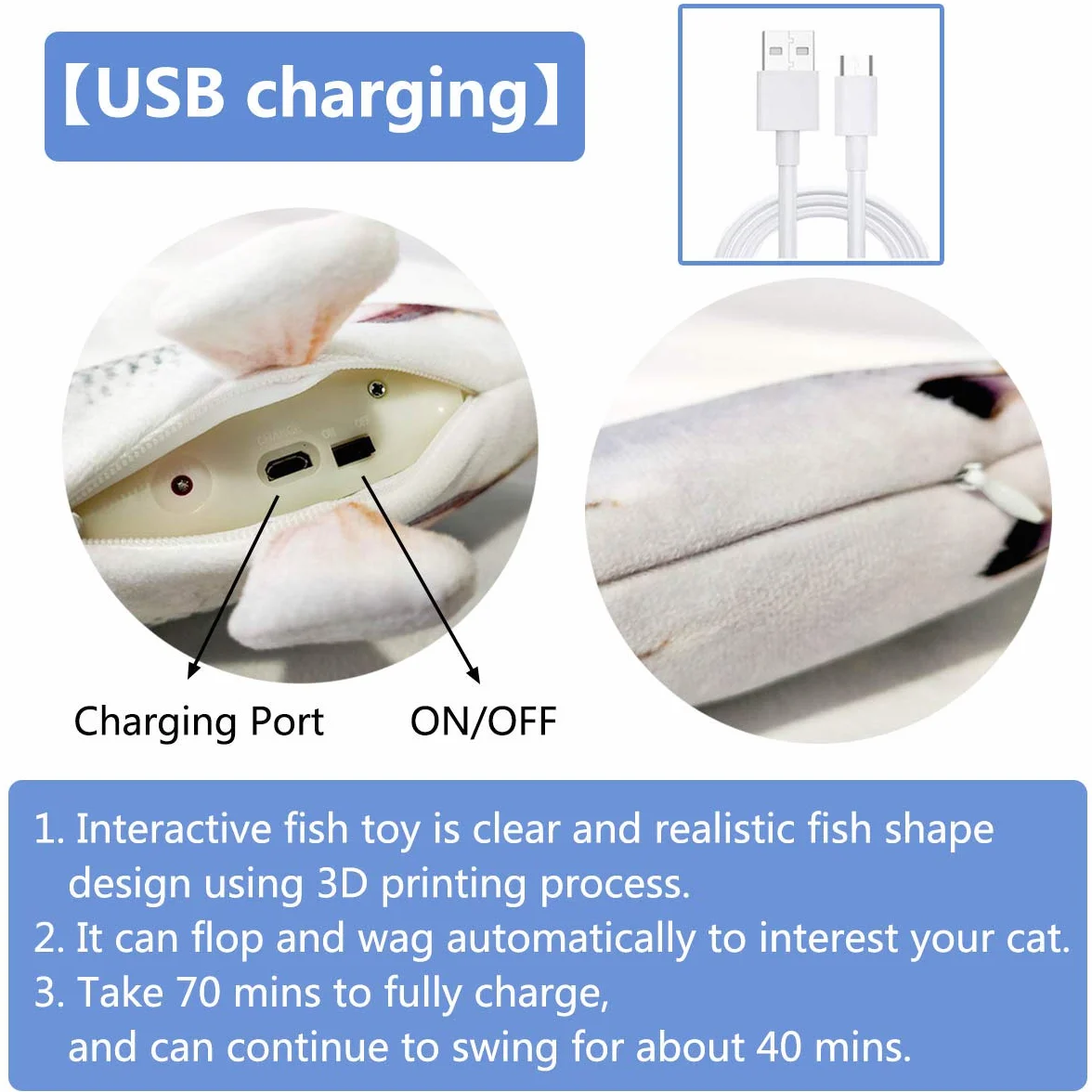 Cataire Jouet Poisson Interactif pour Chats 30 cm Rechargeable