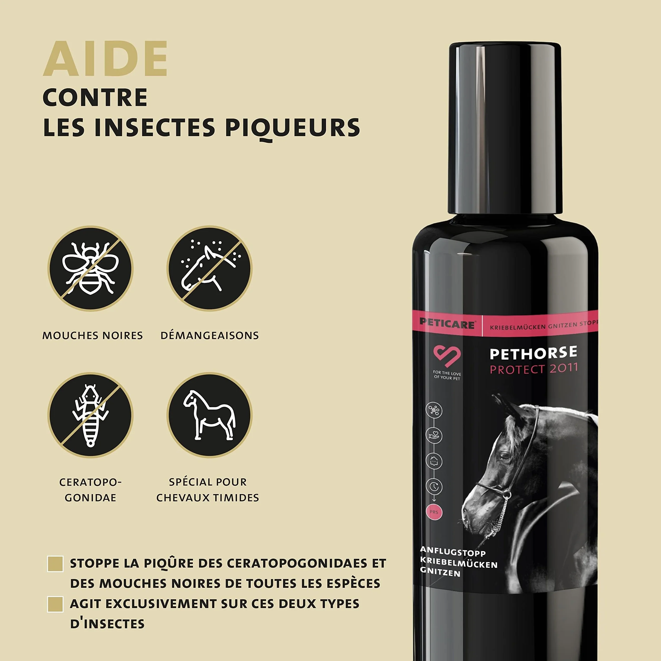 Peticare Cheval Anti-Mouches Noires Roll-on - Défense Contre Mouches Noires, Prévient Dermite Estivale