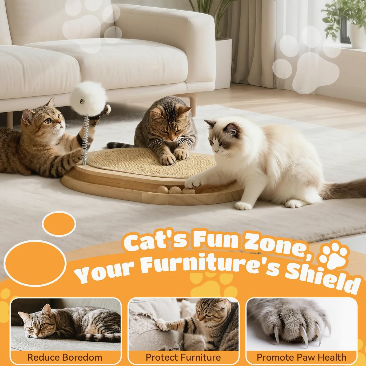 Griffoir pour Chat en Sisal Naturel Jouet Interactif pour Chaton | Tapis Grattoir avec Piste à Balle et 3 Jouets en Peluche, Chasser et Griffer, Griffoir Rond en Bois pour Intérieur