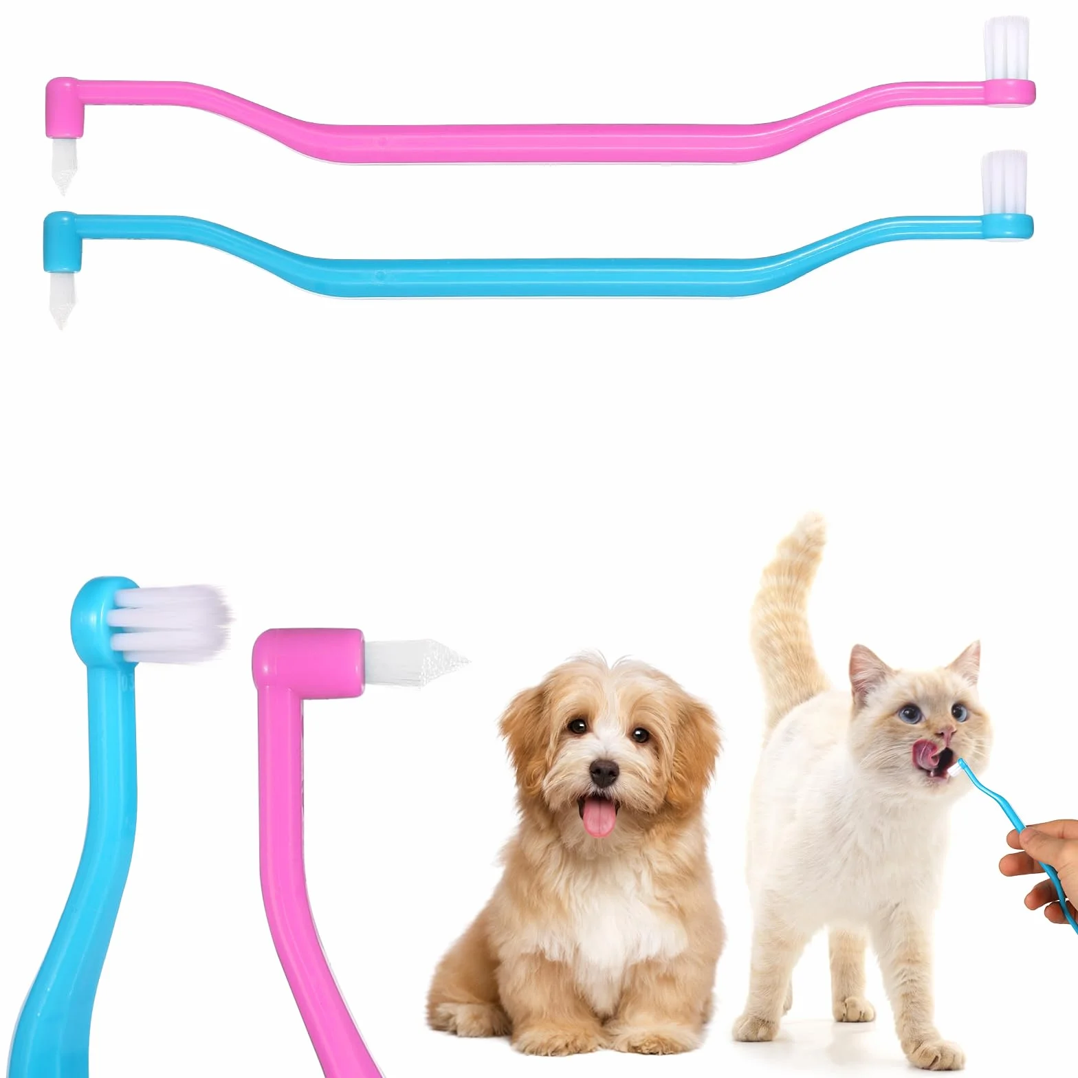 Brosse à Dents pour Chat Double Face 2pcs avec Tête Micro-Brosse et Poignée Incurvée Soins Dentaires