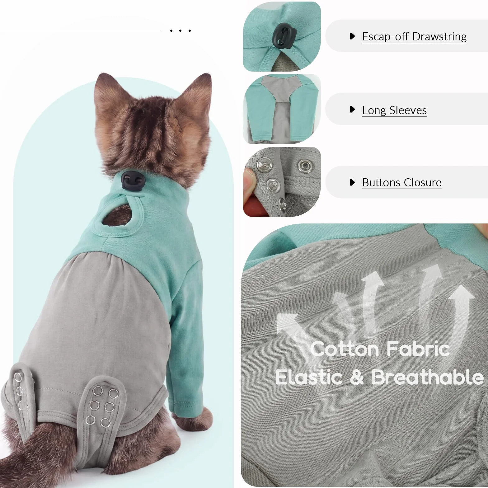 Body Post Opératoire Chat Doux Après Stérilisation Gilet Récupération Manchon Pattes Avant Empêche Lécher Points Suture (Vert L)