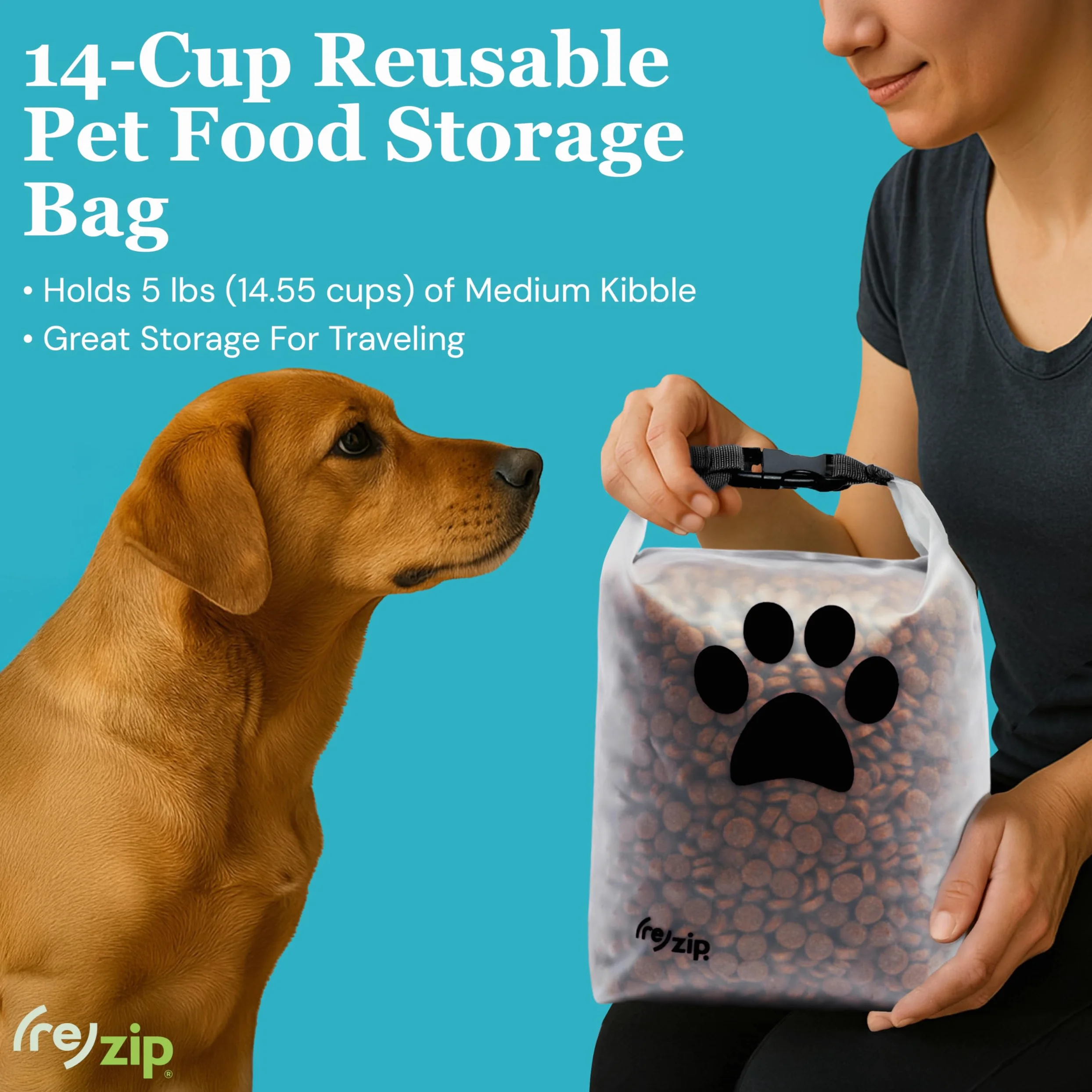 (re)zip Sac de rangement pour nourriture pour animaux domestiques (14 tasses) | Sans BPA, qualité alimentaire, sans danger pour les animaux | Garde les croquettes fraîches pour le camping, la planche