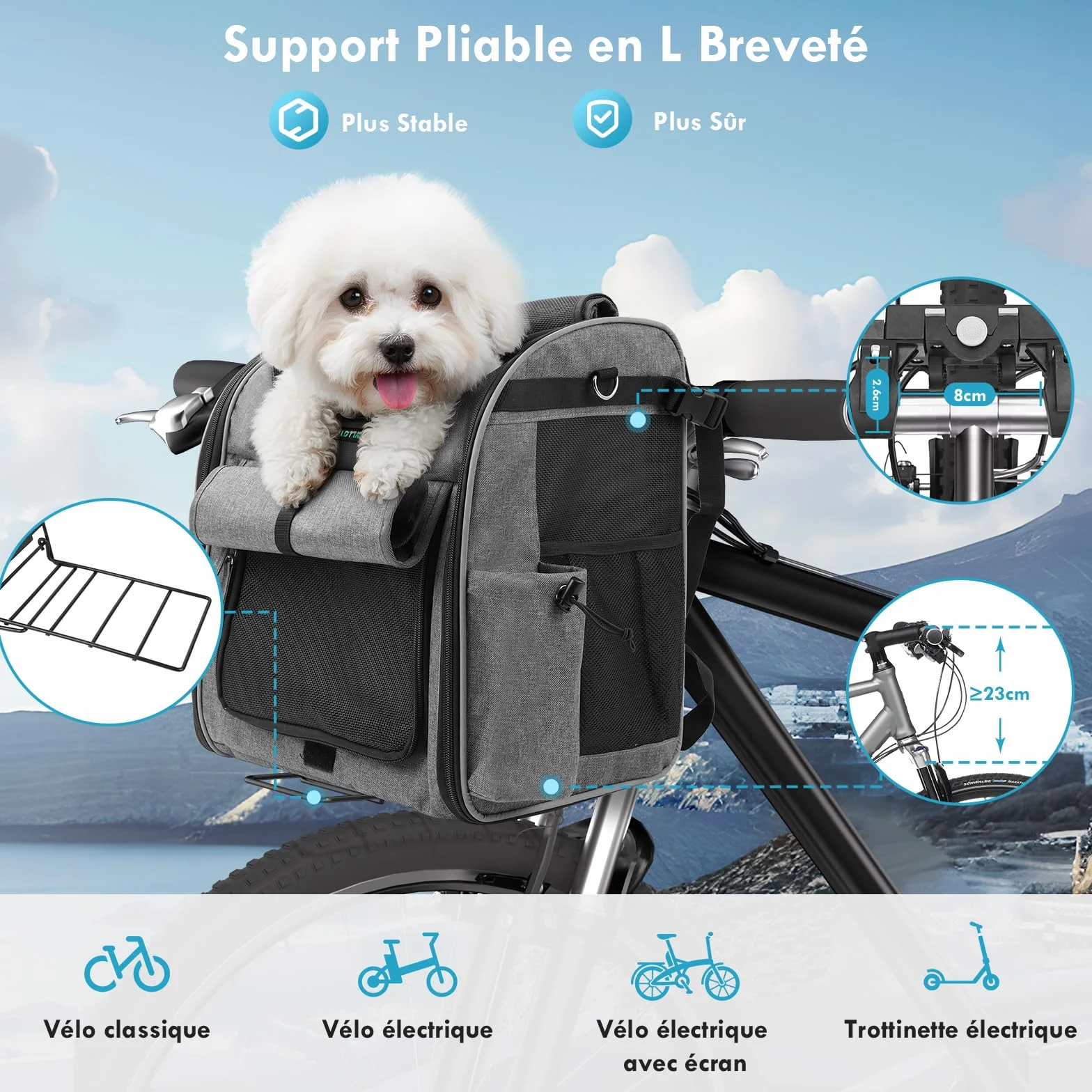 Panier Vélo Avant pour Chiens Chats 10KG avec L Support Φ8cm Pliable 4 en 1 Sac à Dos Bandoulière Siège Auto