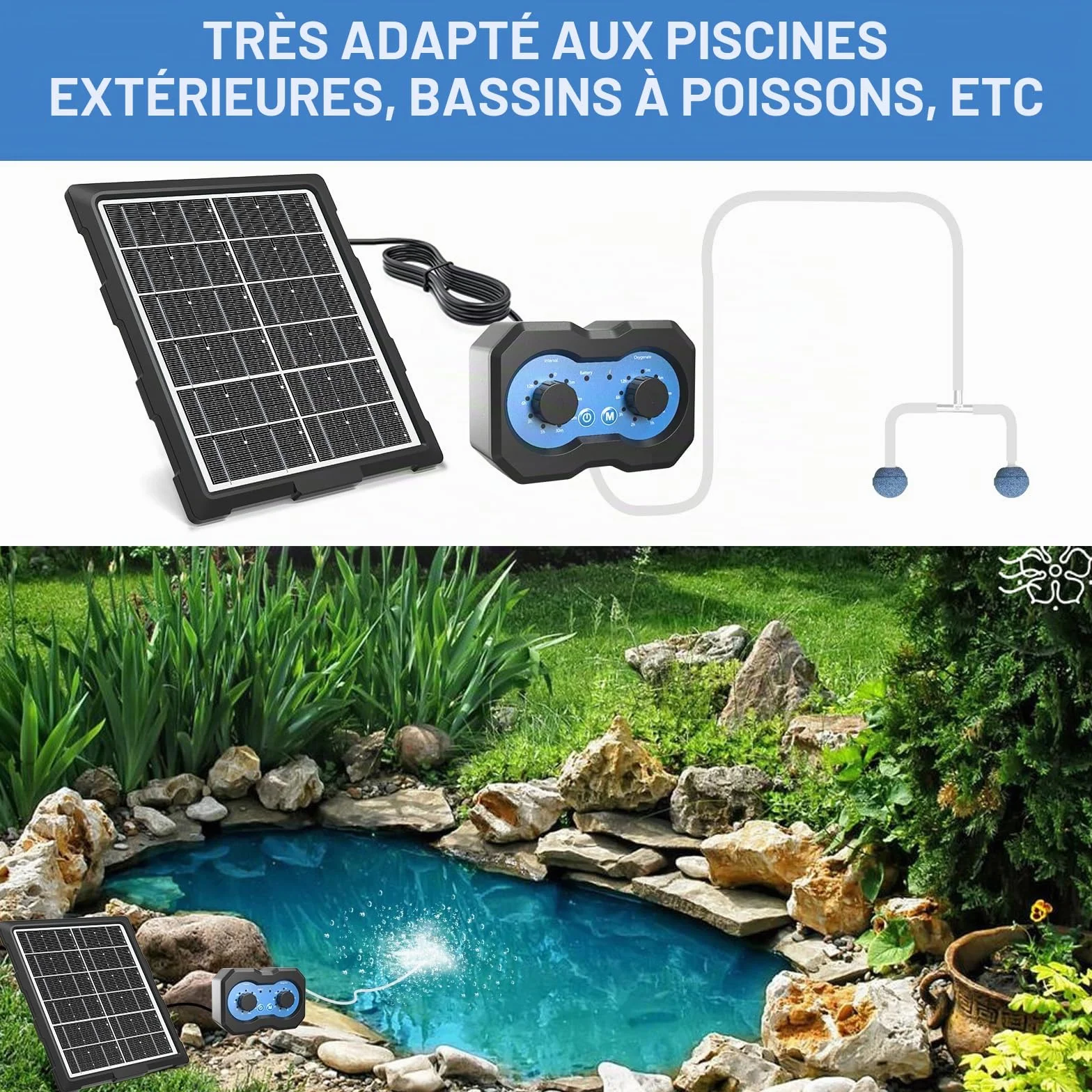 Pompe à air solaire oxygénateur pour étang avec minuterie