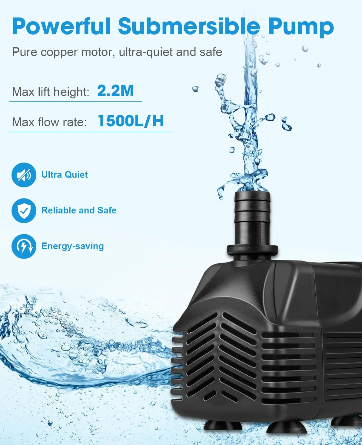 MOSFiATA Pompe à Eau Immergée 25W 1500 L/H Silencieuse Submersible pour Aquarium Fontaine Jardin avec 2 Buses 1,5M Tuyau