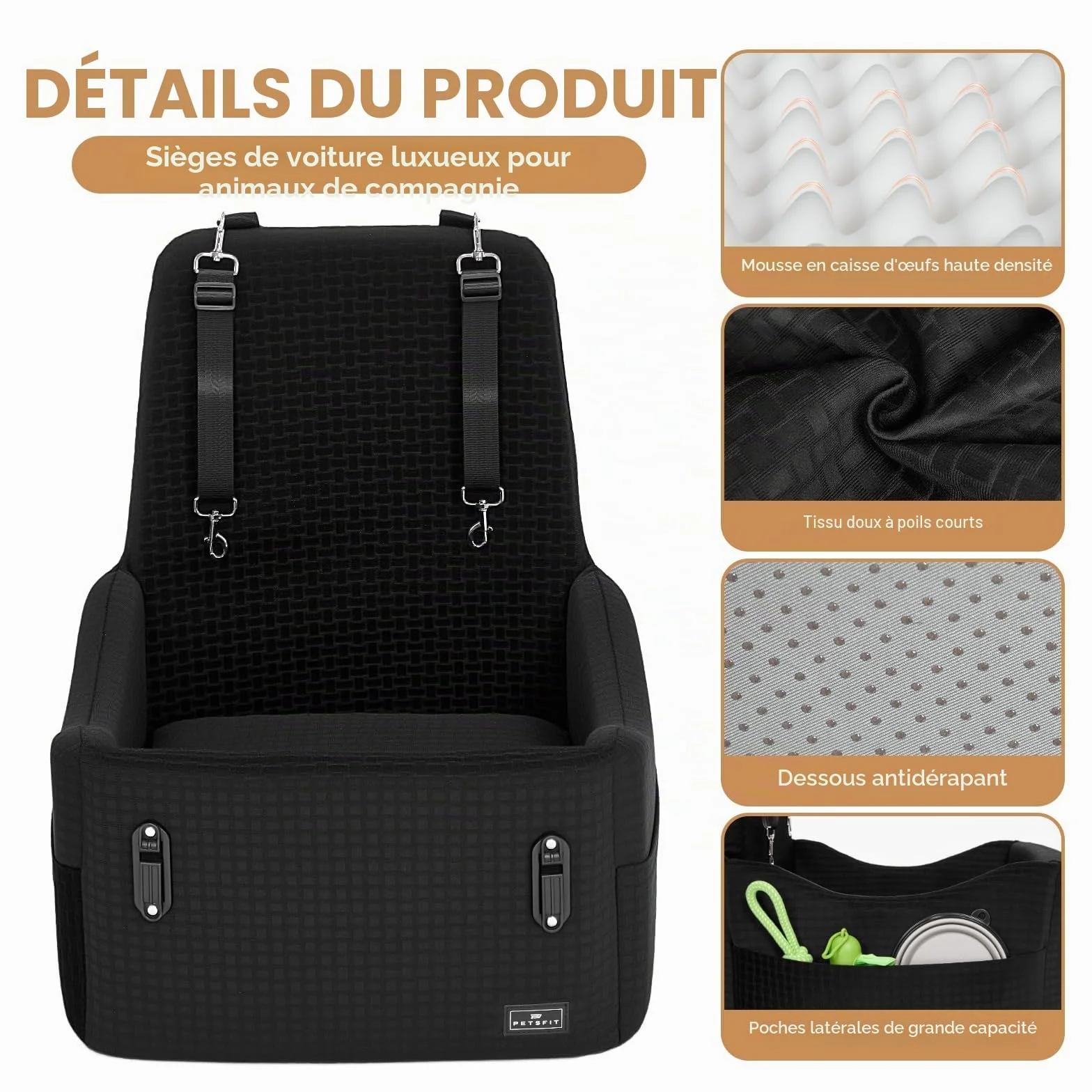PETSFIT Siège Auto pour Chien jusqu'à 15kg – Système de Sécurité Breveté, Coussin Mémoire de Forme 13cm, Housse Lavable, Noir & Gris