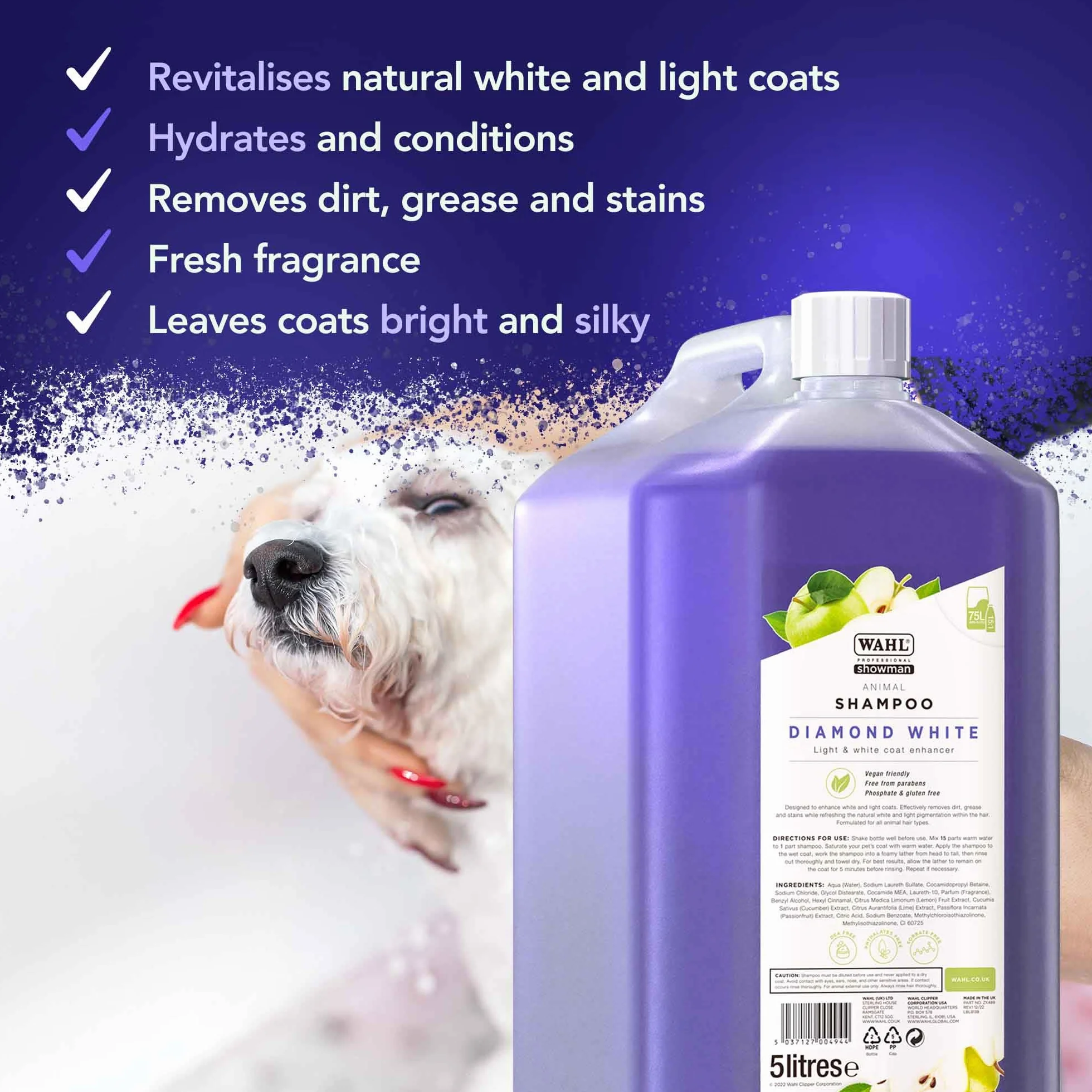 WAHL Diamond White Animal Shampoo 5 L éclaircissant concentré 15:1 végétalien sans parabènes