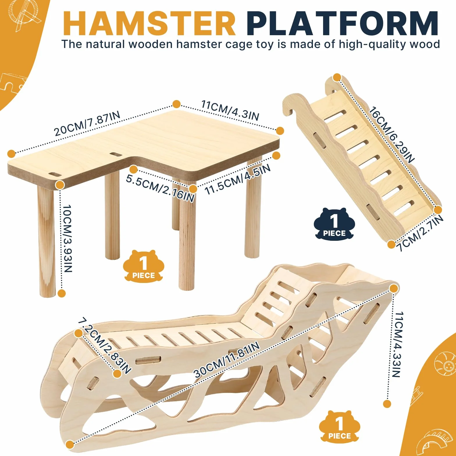 Plateforme en Bois pour Hamster avec Échelle d'escalade et Tunnel, Set Plateforme pour Petit Animal de Compagnie, Hamster Russe Doré Syrien Nain, Jouet à Mâcher Accessoire Cage
