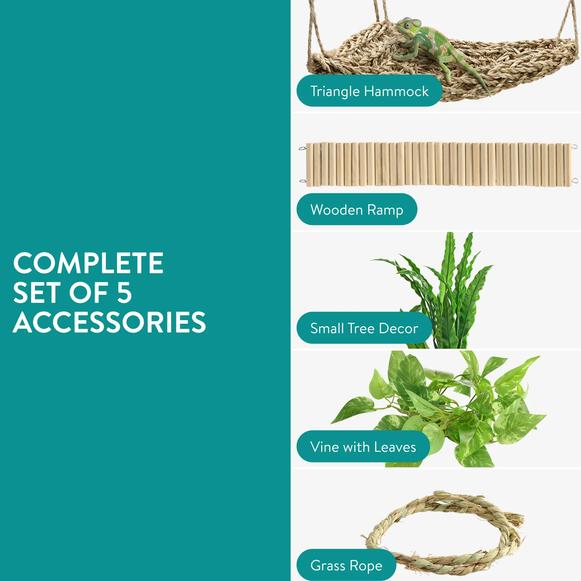 Navaris Décoration Terrarium Vivarium - Lot 5X Accessoire avec hamac Corde Petit Arbre Plante et Rampe en Bois - Deco Terrarium pour Cameleon Dragon Barbu Gecko lezard