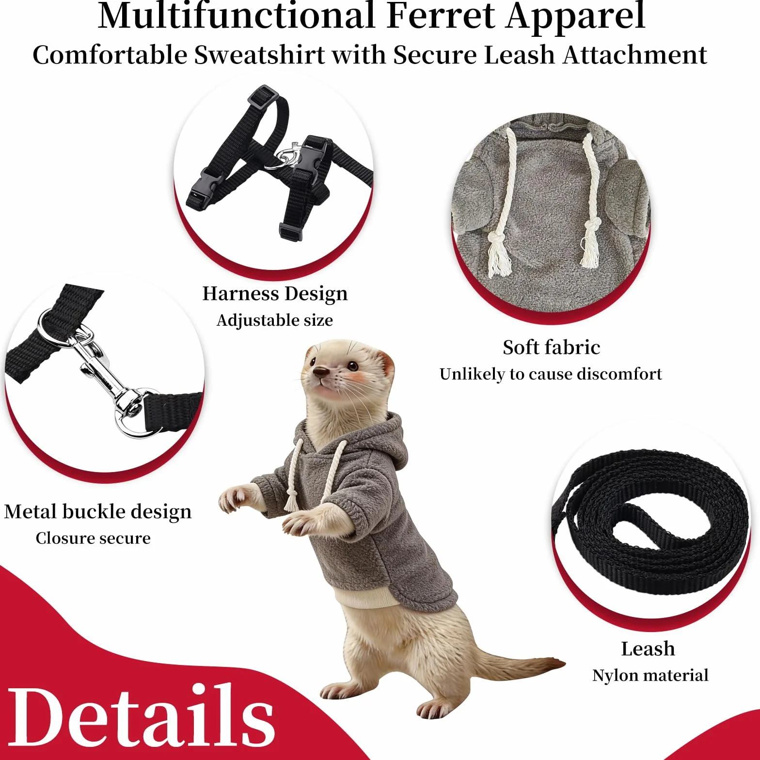 Ensemble vêtements et laisse pour furet, pull à capuche chaud avec harnais et laisse pour la promenade en plein air, vêtement confortable pour furets, chinchillas, petits animaux de compagnie, tenue