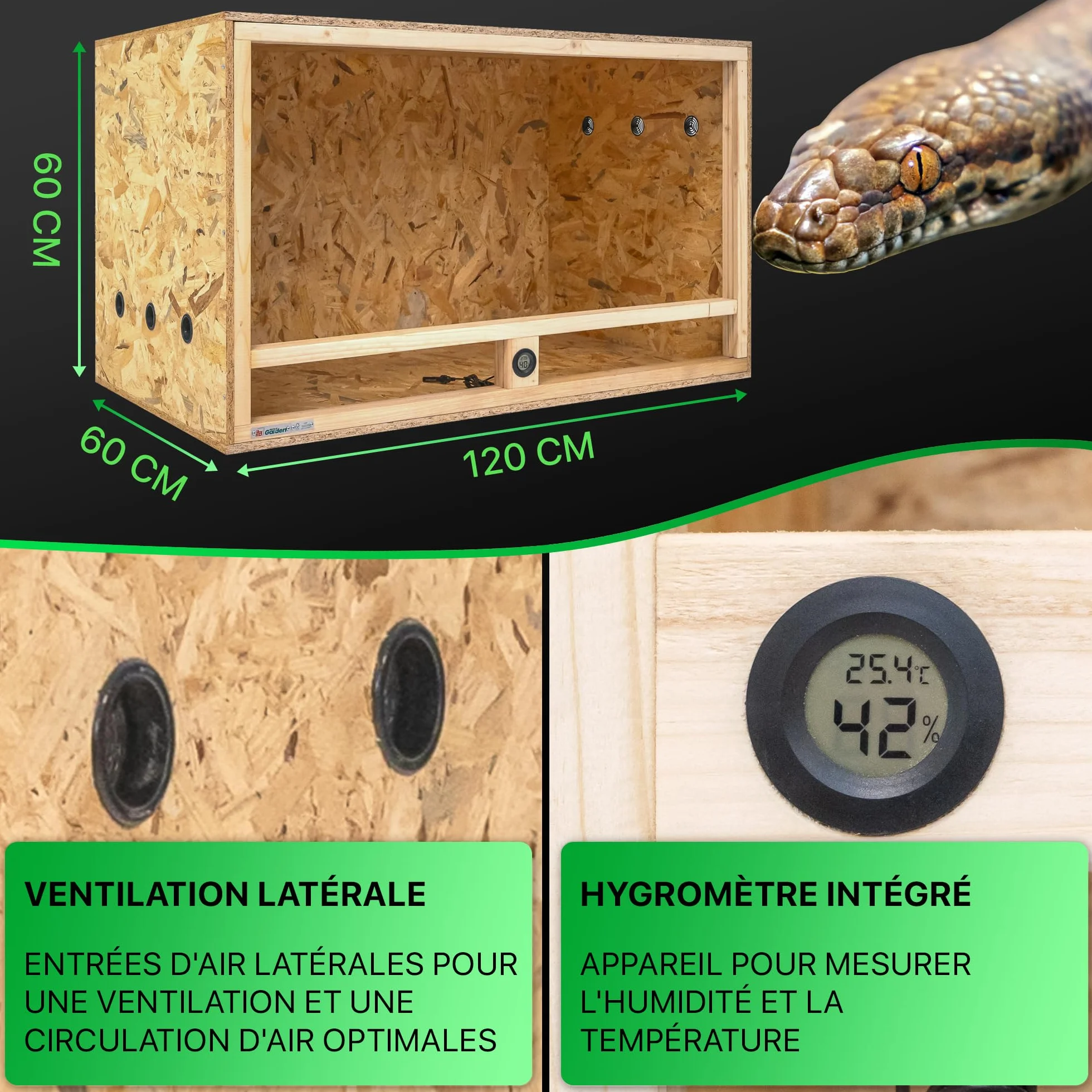 Terrarium Bois 120x60x60 cm OSB-3 avec Ventilation latérale & hygromètre intégré pour Reptiles Serpents Amphibiens