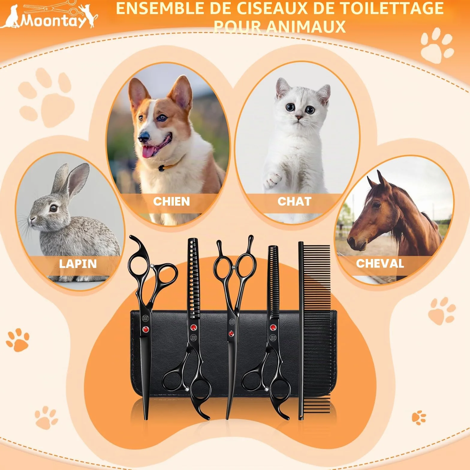 Moontay Professionnel Ciseaux Toilettage Chien et Animaux - Set Acier Inoxydable avec Droits, Courbés, Arête de Poisson, Effileurs, Peigne et Tissu de Nettoyage - Noir