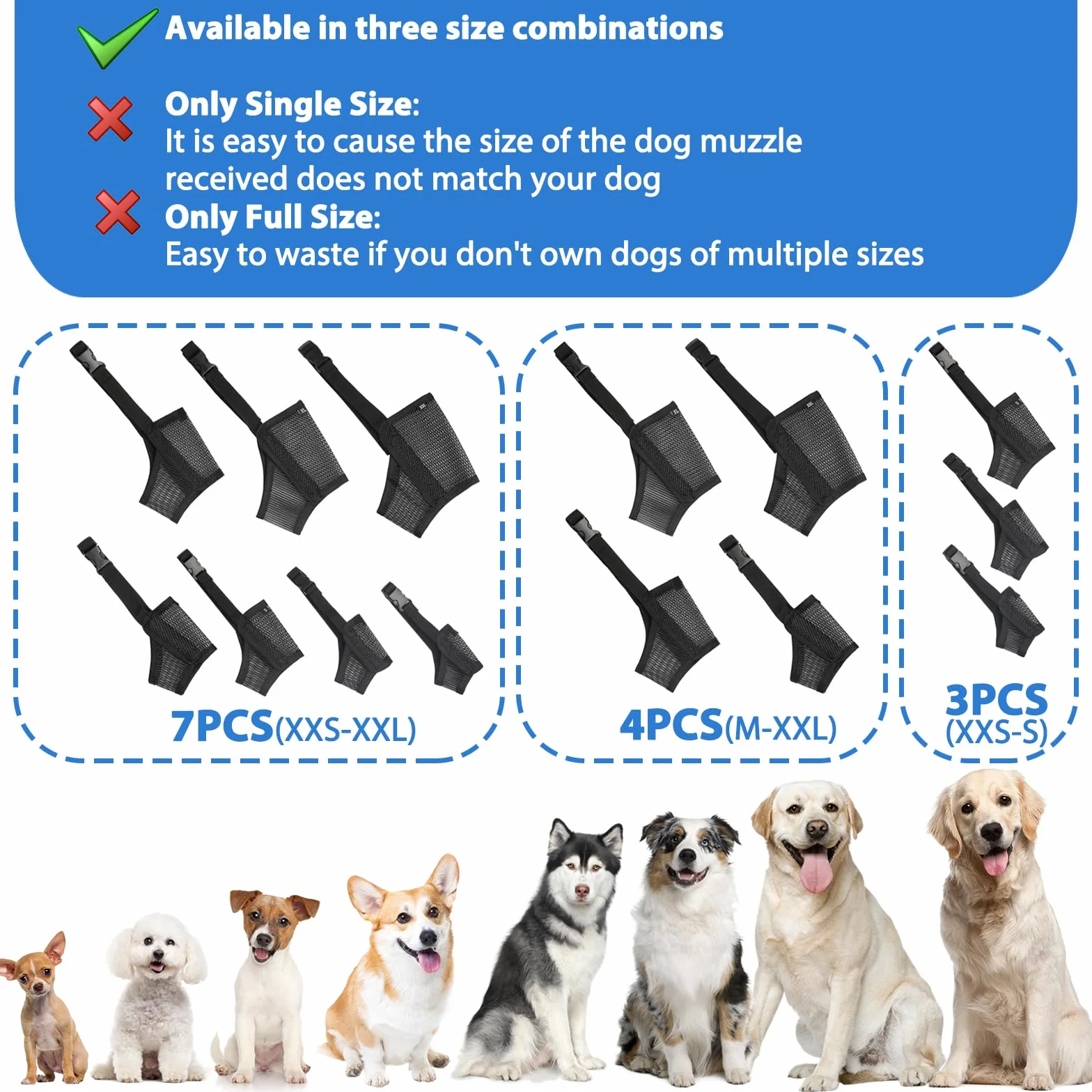 Lot de 7 muselières pour chiens de petite, moyenne et grande taille, muselière en maille pour chiens anti-morsure, mastication, aboiement, ensemble de muselière respirante avec sangle réglable pour le