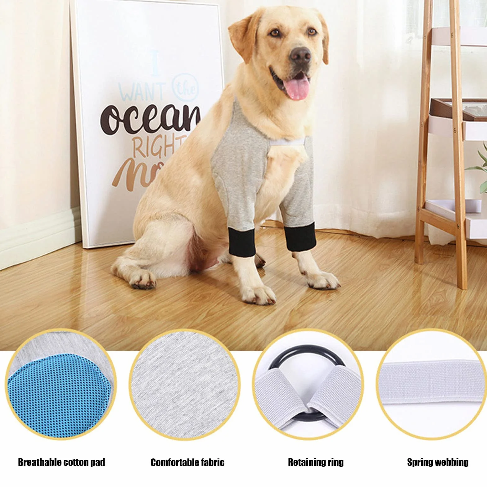 Protège-coude Chien Respirant Réglable Chauffant Articulations Manchon Jambe Avant Coton Polyester Gris Noir L