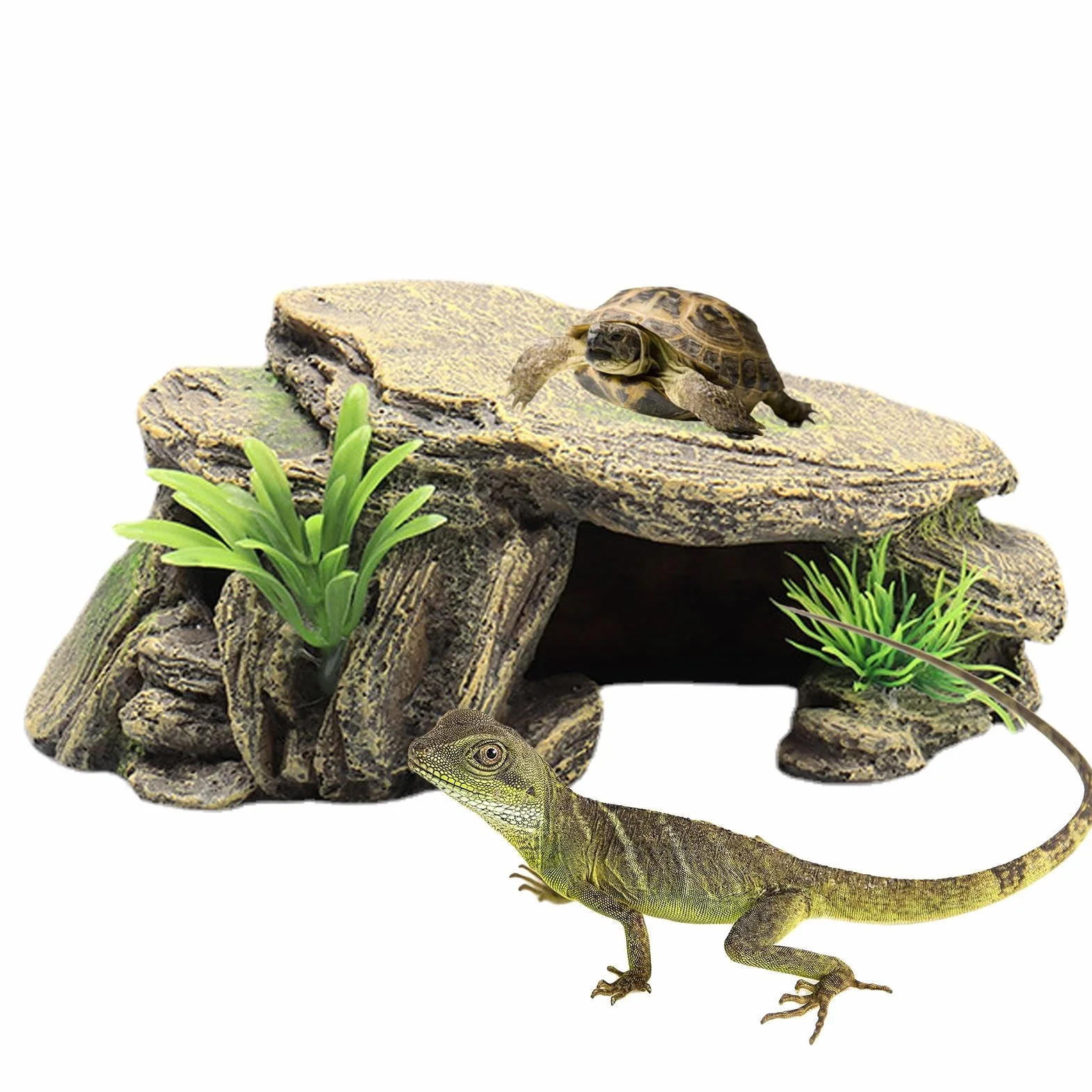 Habitat pour tortues - Grande grotte pour reptiles, rocher décoratif en résine, plateforme de repos pour amphibiens