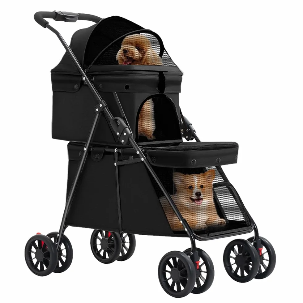Poussette Double Couche pour Chien Chat Animaux Voyage, Pliable 4 Roues Chariot Landau Jogger Buggy 67x50x95cm Noir
