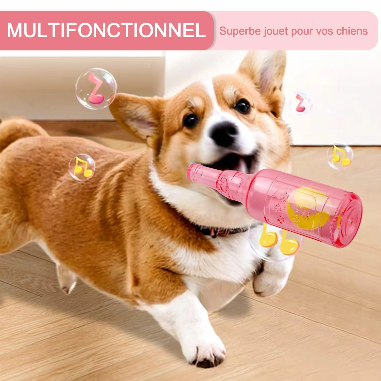 Jouet chien caoutchouc bouteille couinement, jouet interactif résistant morsure chiots petits moyens chiens rose