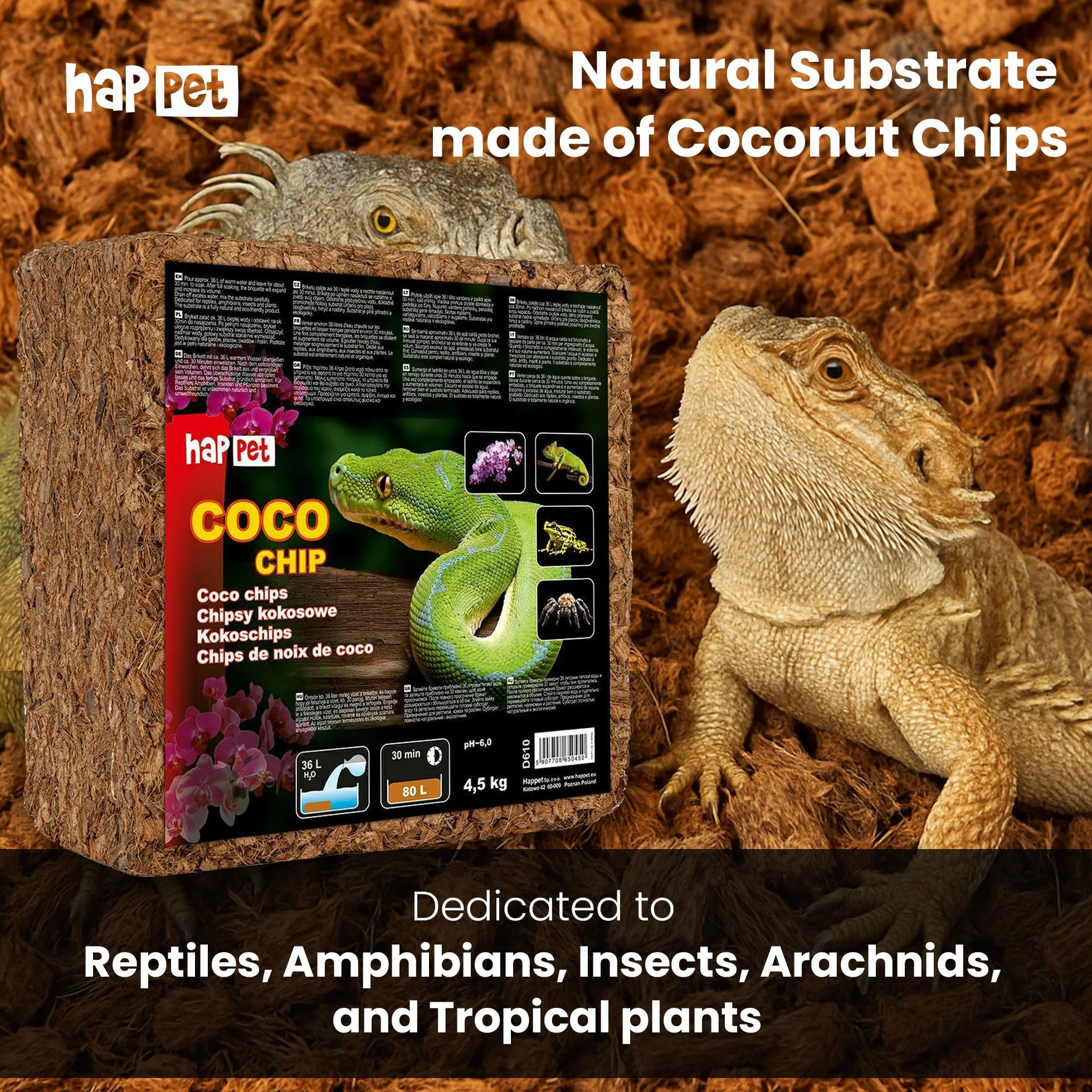 HAPPET Substrat en croustilles de noix de coco 4,5 kg pour reptiles amphibiens plantes tropicales