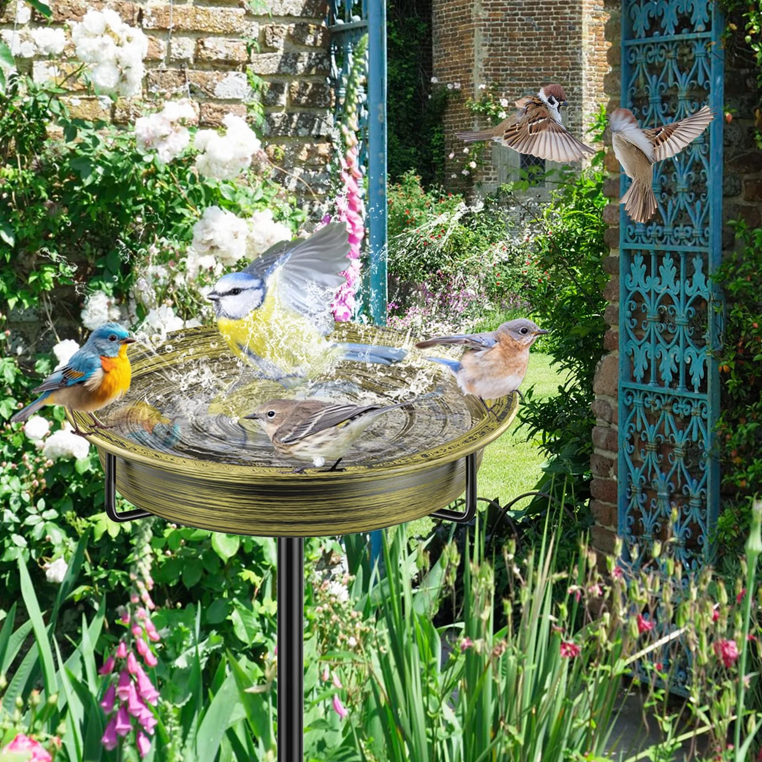 Abreuvoir pour oiseaux grand 101,6 cm, bain d'oiseaux en métal, résistant au gel, or rétro