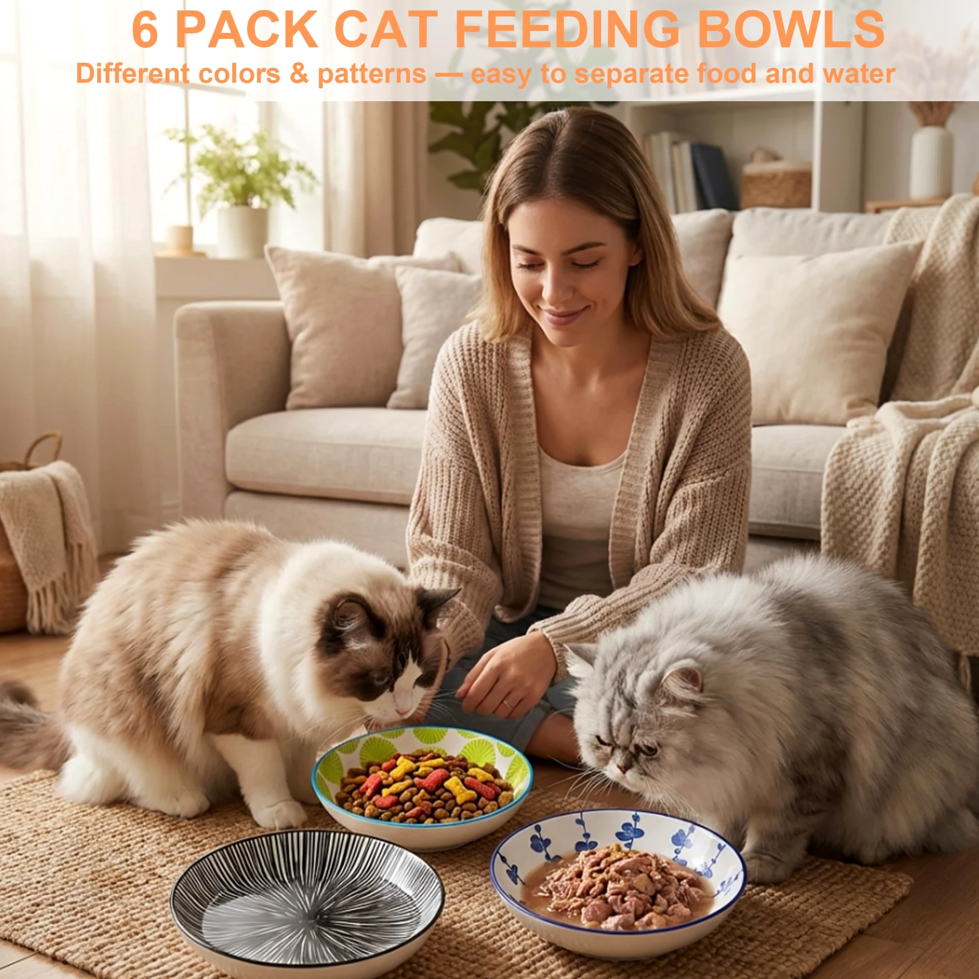 Gamelles en céramique pour chat avec fond en silicone antidérapant, empêchent la fatigue des moustaches, réduisent le désordre, gamelles larges pour chats d'intérieur, lot de 6 bols colorés pour
