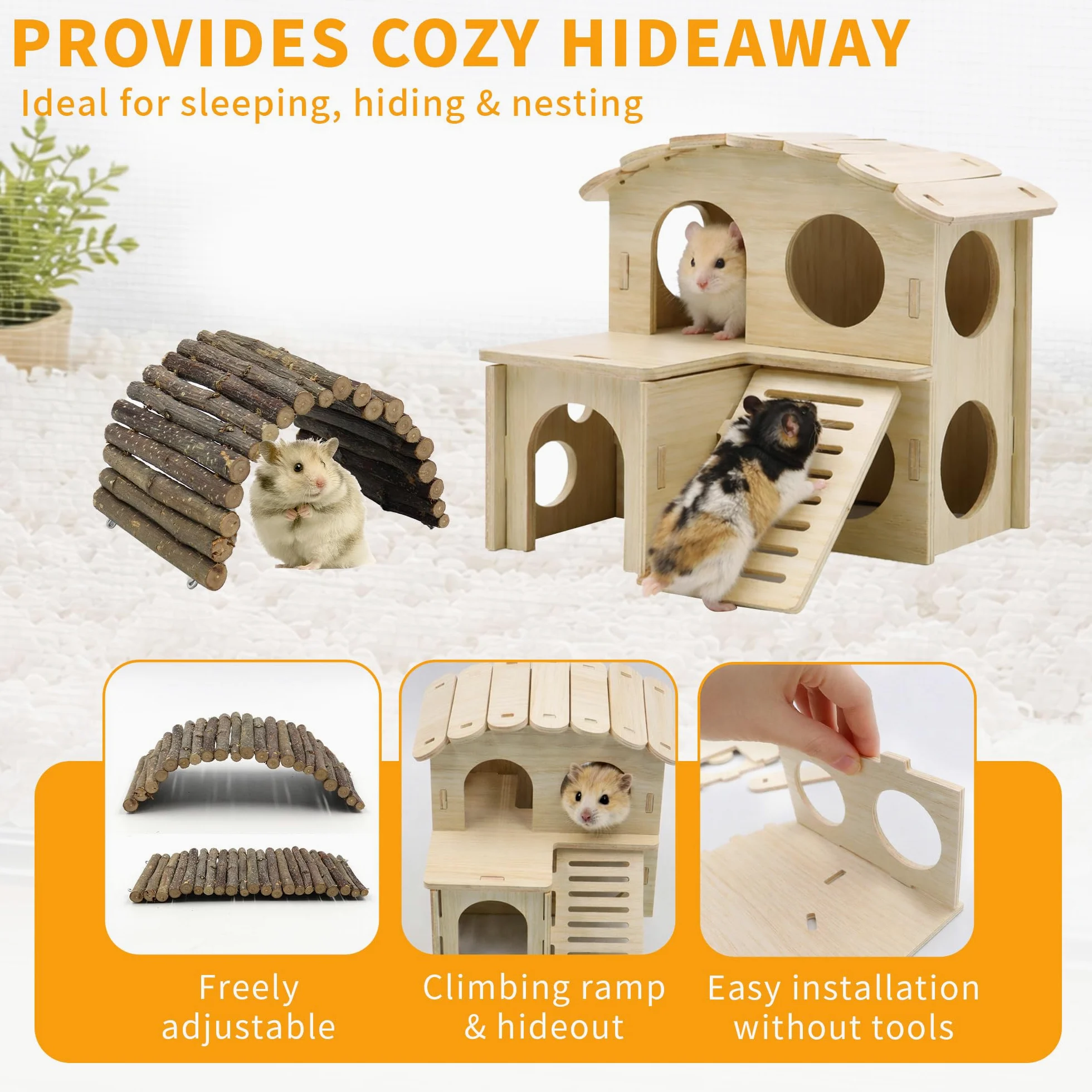 Lot de 20 accessoires pour cage à hamster, roue silencieuse de 24 cm, jouets à mâcher, maison en bois et bouteille d'eau avec support pour chinchillas, lapins, cochons d'Inde, rats, petits animaux
