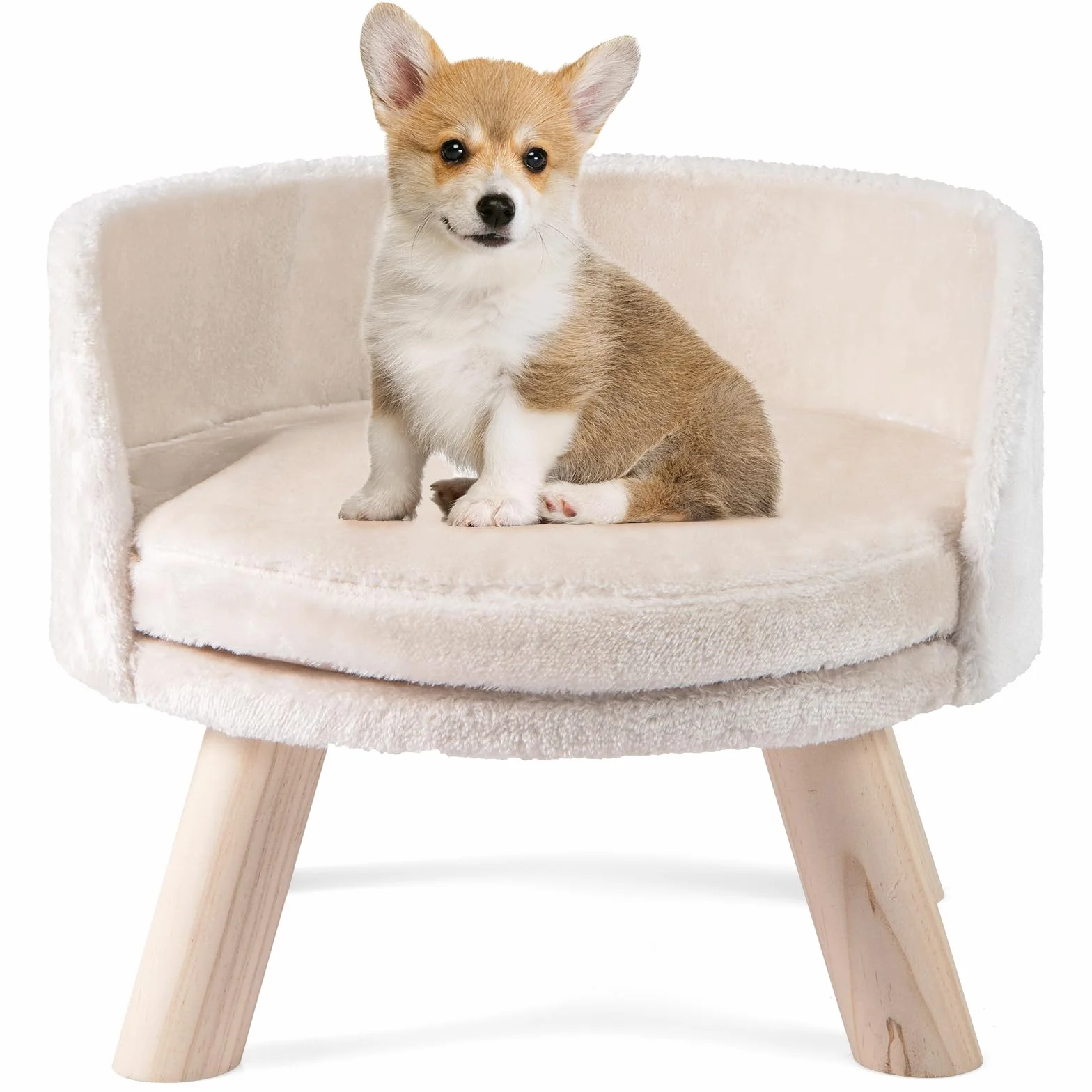 COSTWAY Canapé Lit pour Chien Chat 30 kg, Coussin Amovible, Bois de Pin, 42 x 42 x 33 cm, Beige