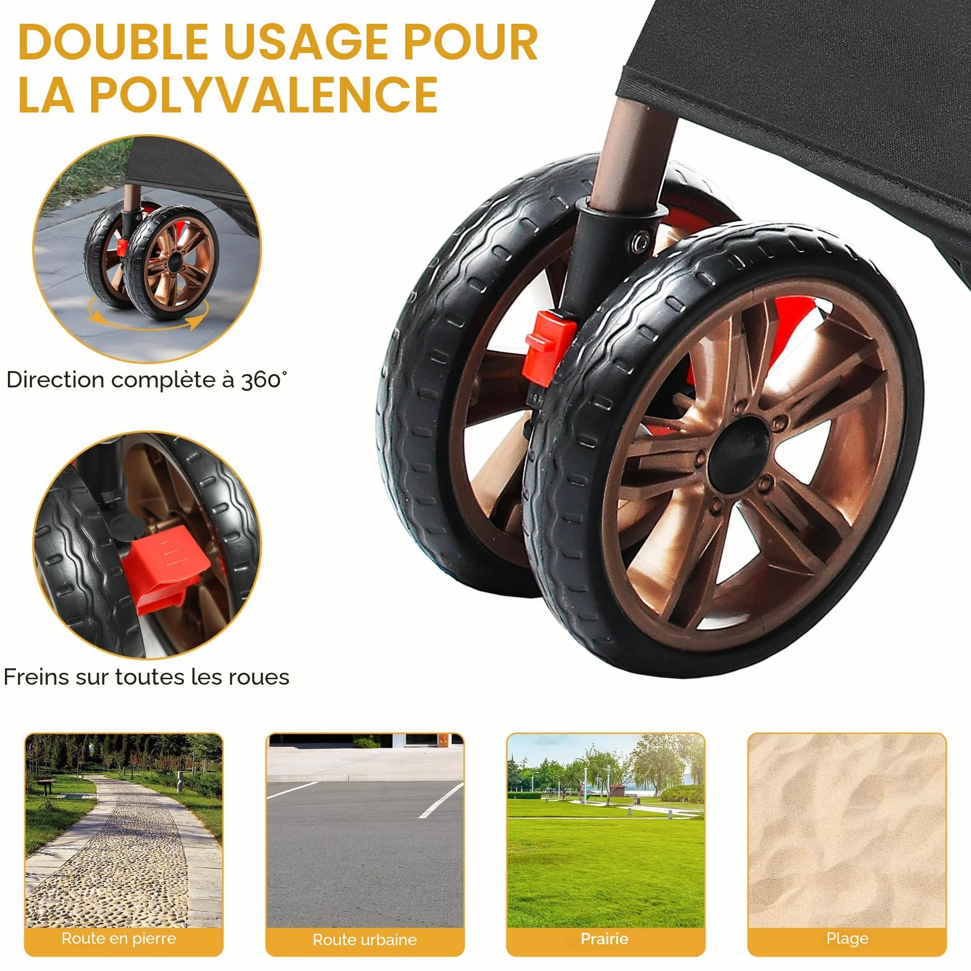 DWVO Poussette 3 en 1 pour Chien et Chat Pliable 22 kg Roues EVA Résistantes à l'Usure 360° Panier de Rangement Fenêtre en Filet 58,5 x 76 x 105 cm