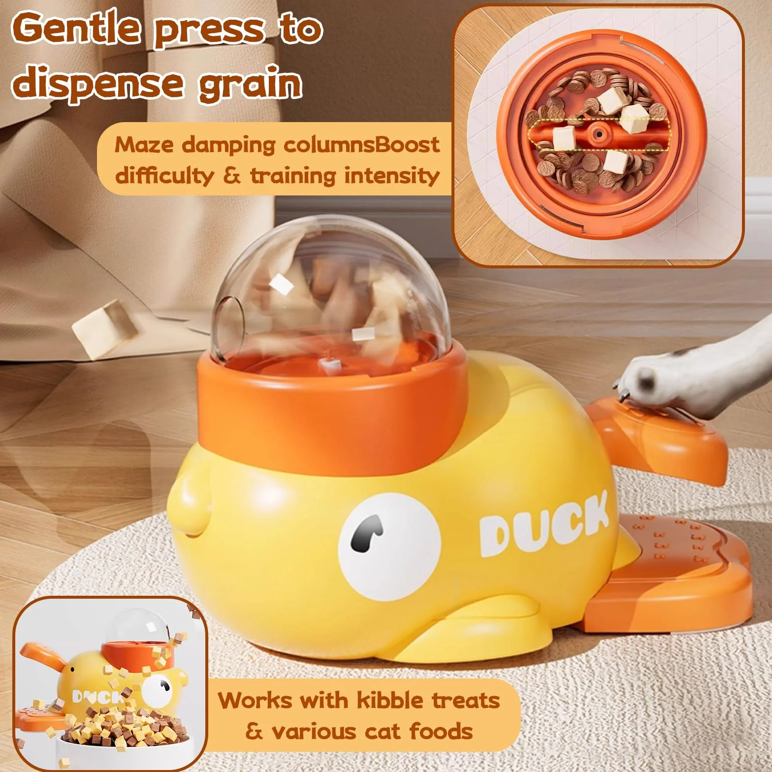 Distributeur Croquettes Chat Canard Jaune 2 en 1 avec 3 Couvercles Jouet Interactif Chien