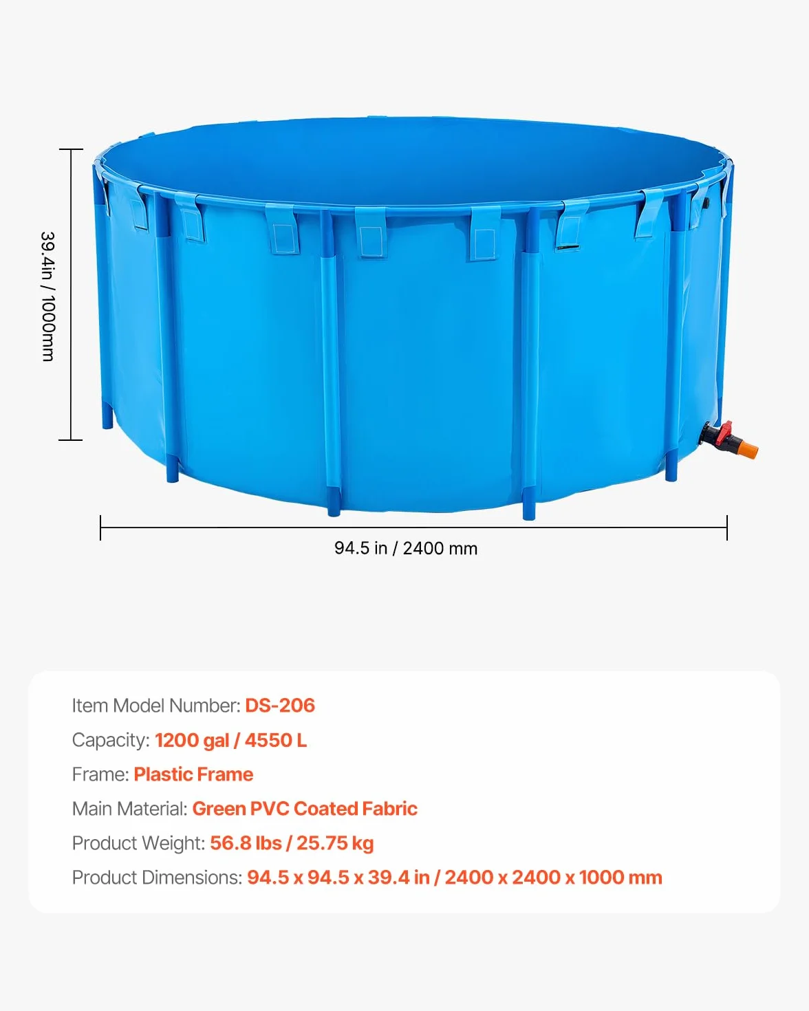 VEVOR Bassin à Poissons Hors Sol, Capacité 4550 L, Étang à Poissons en Toile PVC, avec Cadre Stable en Plastique et Vanne de Vidange, pour Aquaculture, Élevage de Poissons Rouges, Carpes, Koïs, Bleu
