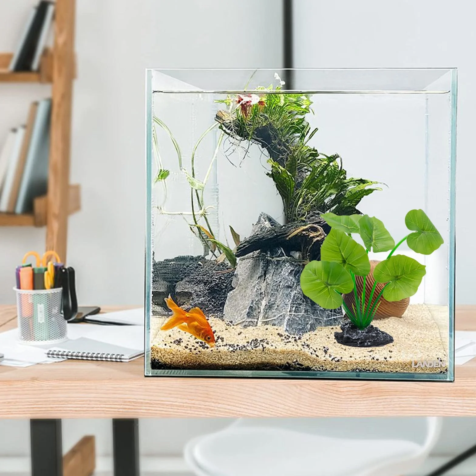 Plante artificielle aquarium terrarium bois flotté socle résine feuilles plastique cachette brise-vue