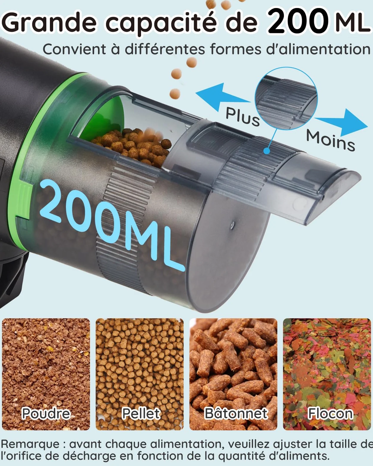 Distributeur automatique de nourriture pour poissons d'aquarium 200 ml avec piles AAA incluses