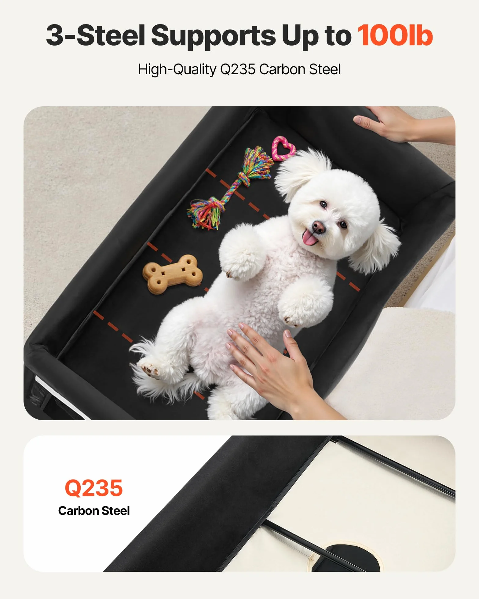 VEVOR Lit Surélevé pour Chiens Chats Pliable, Tissu Oxford 600D Velours Hollandais, Roues Pochettes Latérales, Taille XL Beige