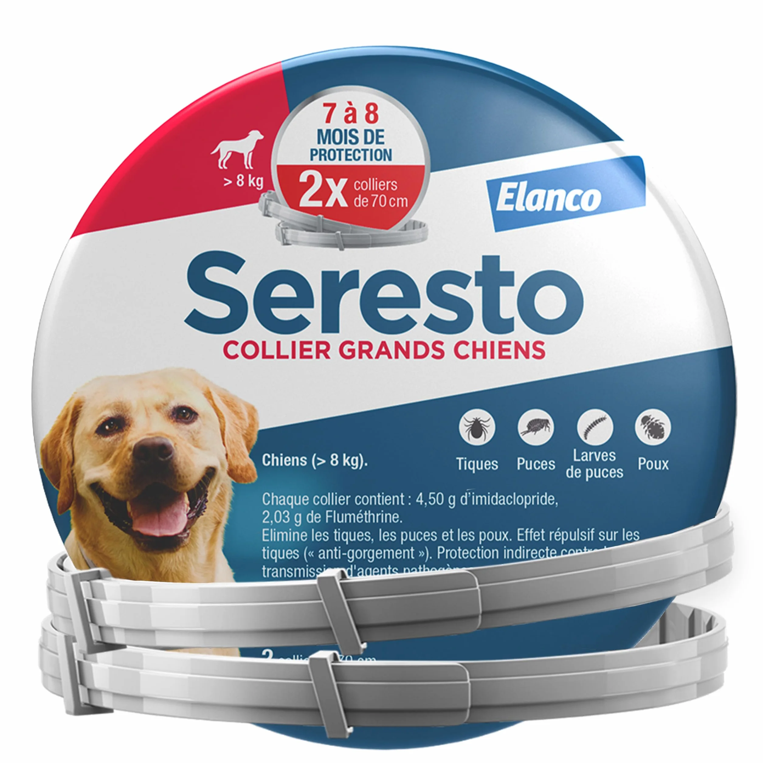 Seresto Collier Grands Chiens – 2 Protections anti puces et anti tiques pour grands chiens de plus de 8 kg – Collier Seresto pour chien 7 à 8 mois de protection, réduit le risque de leishmaniose –Gris