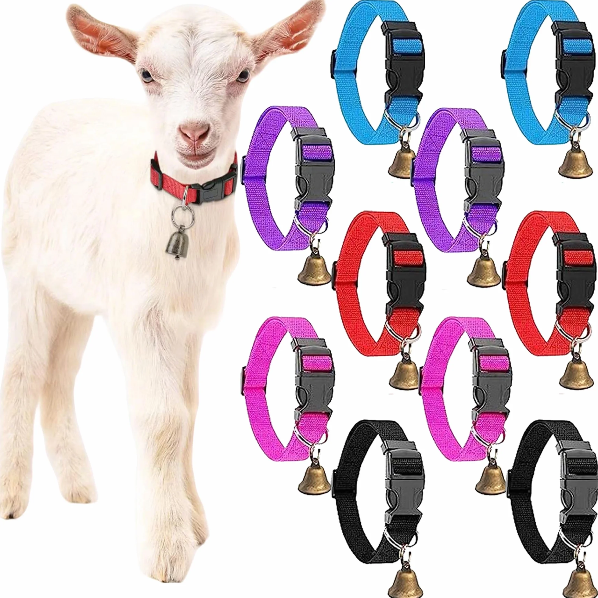 Lot de 10 colliers de chèvre réglables en nylon avec cloche