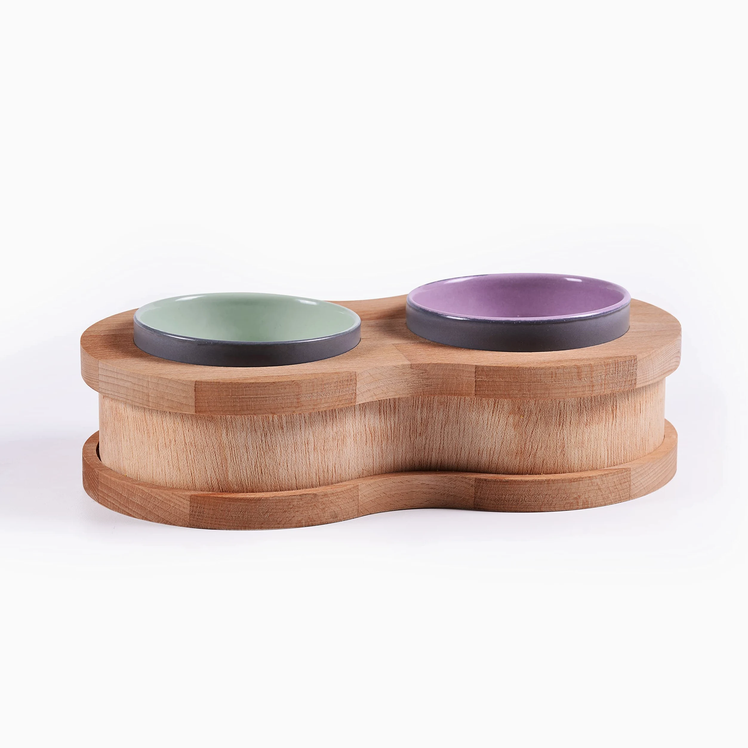 Lot de 2 gamelles en céramique avec support en bois pour chien et chat - Sans déversement - Pour nourriture et eau - Pour chats et petits chiens - Table à manger - Style clôture - Double gamelle