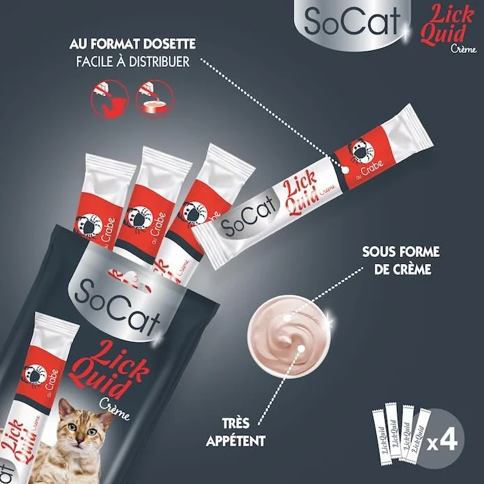 Riga - Socat Lick Quid - Friandises pour Chat - Snack Humide Au Crabe - Crème A Lécher - Vitamines Et Taurine - sans Colorant Ni Conservateur - Faible en Graisses - Récompense Idéale - 4 x 14g
