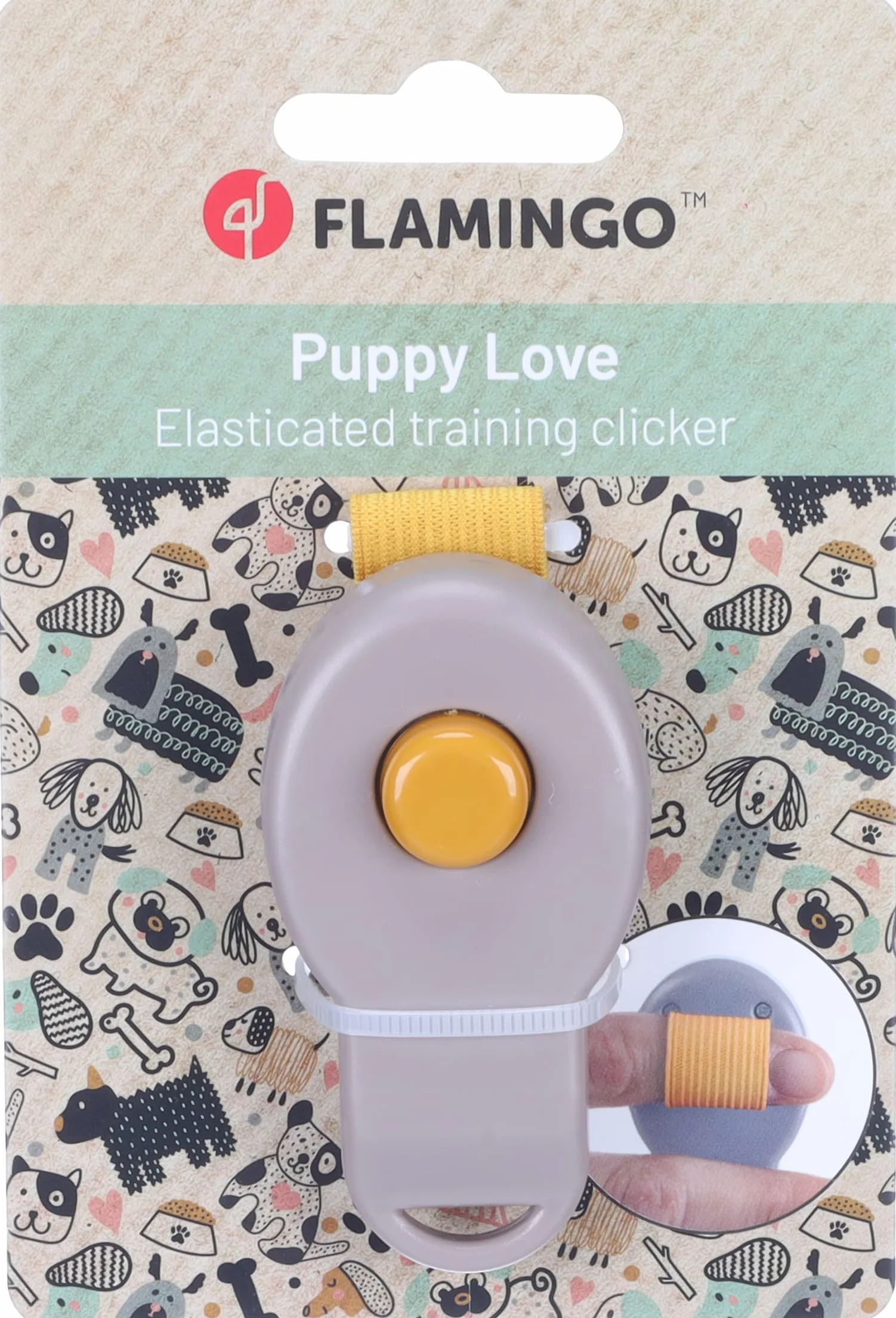 Flamingo Clicker pour Chiot Xia Taupe - 7x4x2,5cm - avec Bouton-Poussoir et élastique à Attacher Autour du Doigt