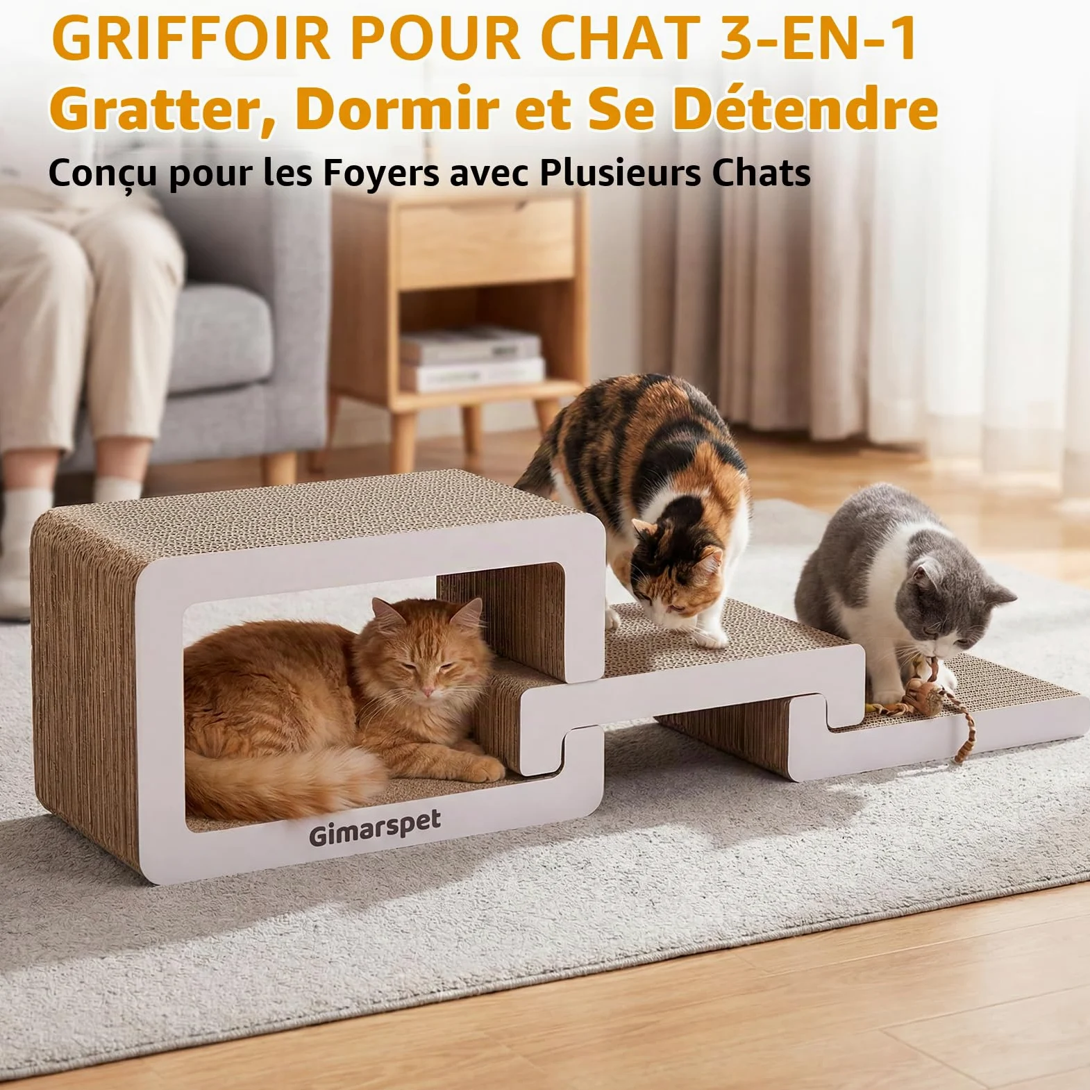 Gimars 75cm Griffoir pour Chat 3 en 1 XXL, Meuble Griffoir Chat Carton Élégant pour Foyer Multi-Chats, Design Vague Moderne, Imbriquable & Gain de Place Lounge