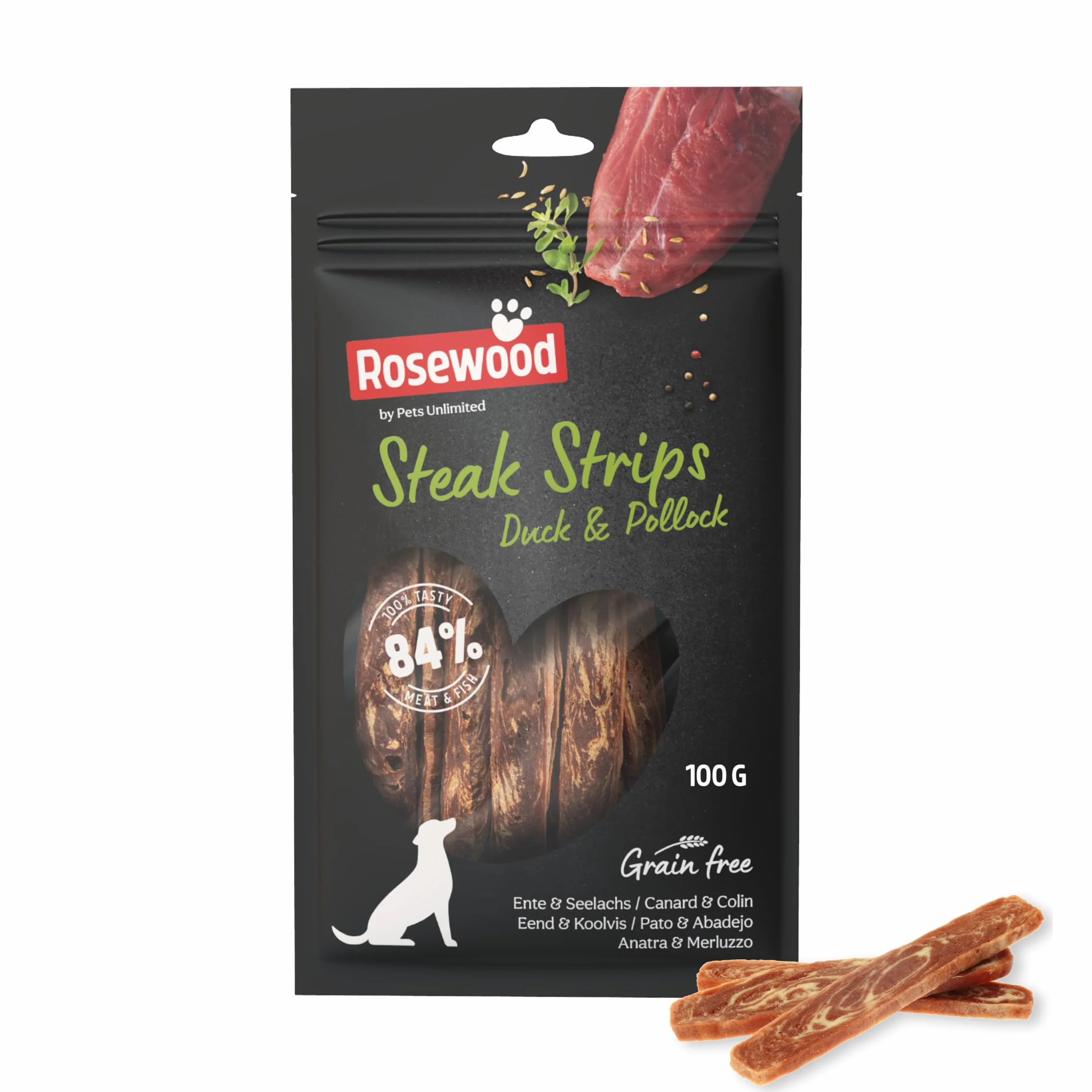 Rosewood Steak Strips Canard et Colin Friandise Tendre pour Chien 100 g
