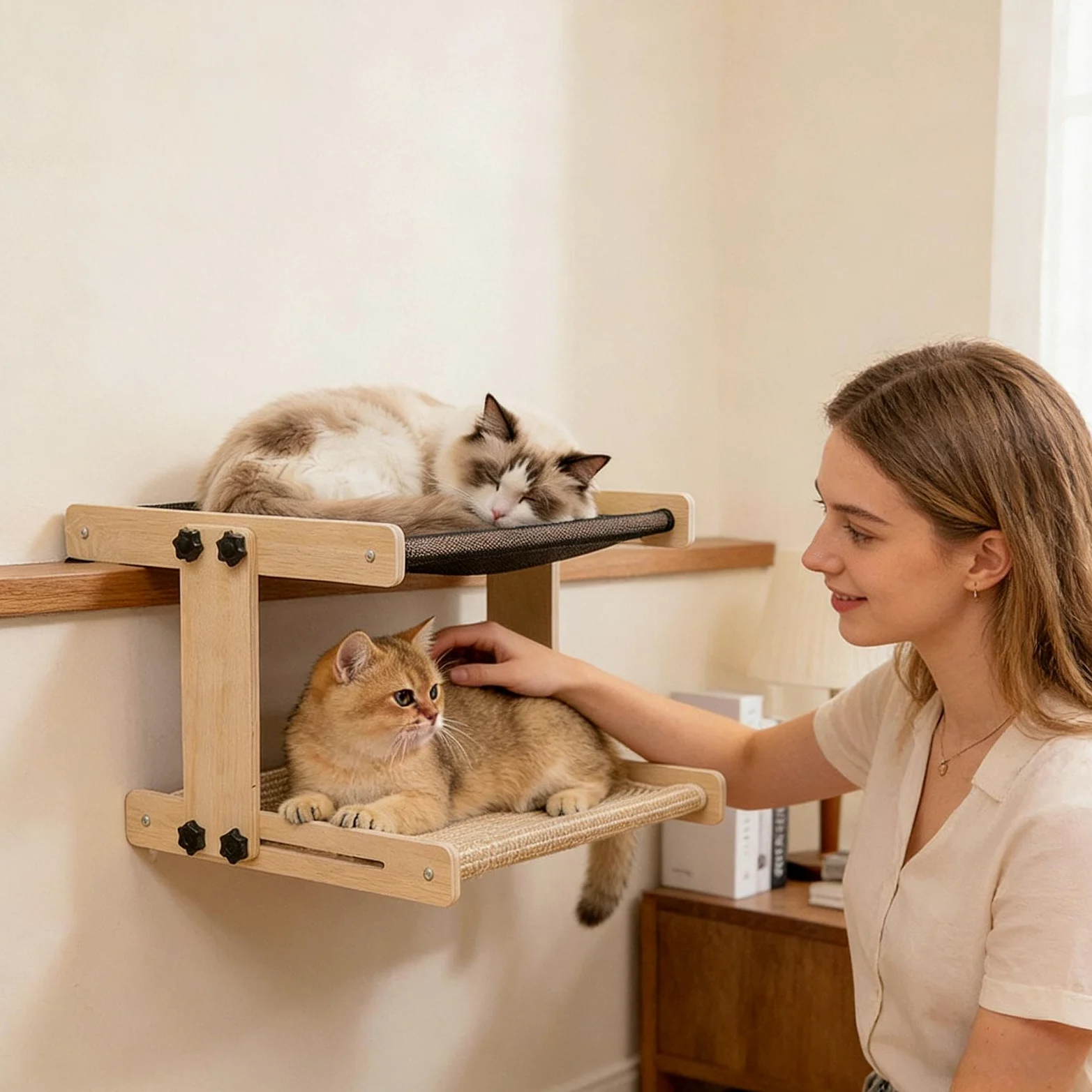 Perchoir Chat Chevet Hamac suspendu en bois pour animaux de compagnie | Perchoir suspendu pour chat Pour maison, appartement, salon, chambre, balcon, bureau, table de chevet, rebord de