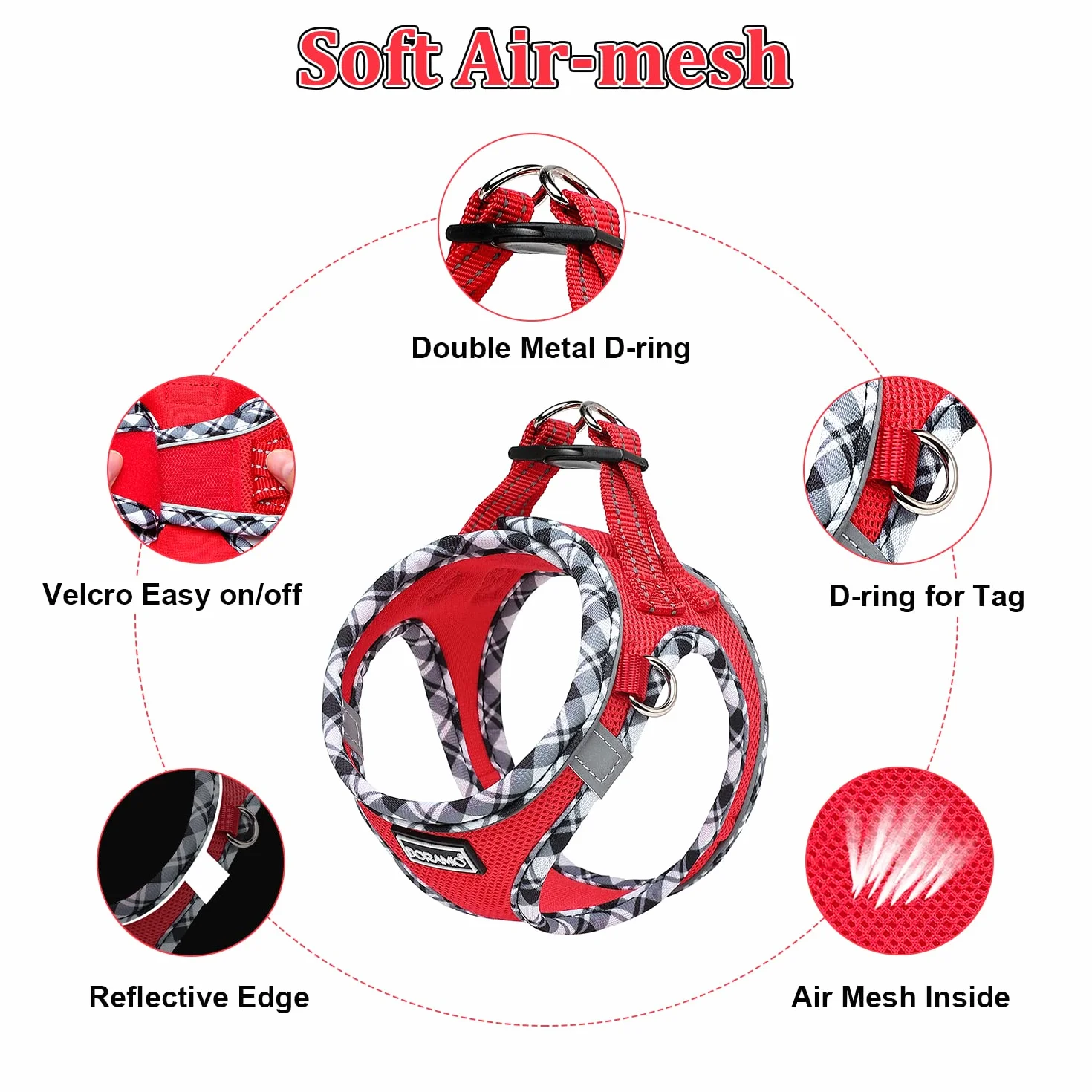 Harnais Chien Réfléchissant Respirant Mesh Doux Confort Réglable avec Laisse pour Petits Chiens Chats Marcher Courir (Rouge, S)
