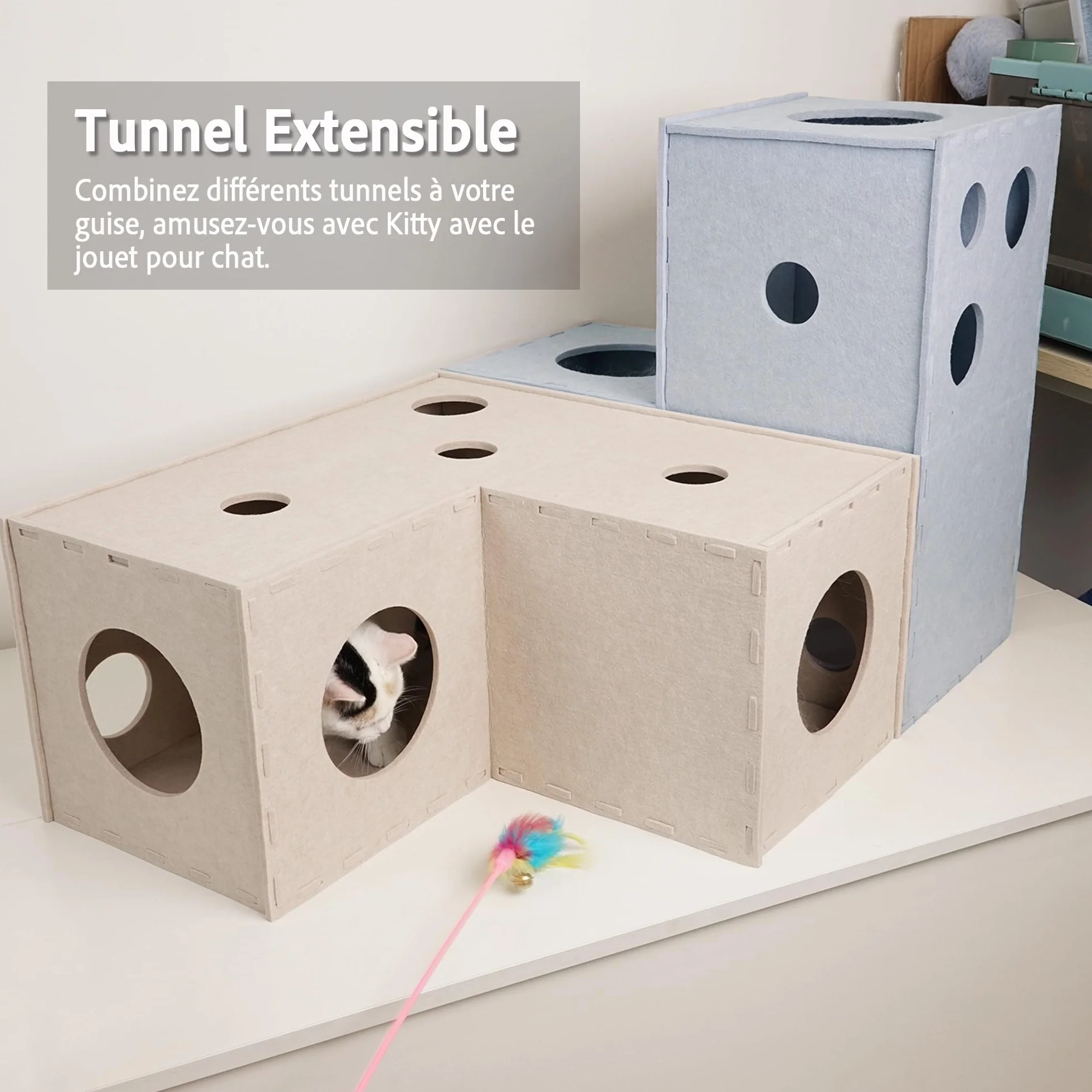 PETKARAY Tunnel pour Chat - Cachette Originale pour Chat d'intérieur - Grand Tube et Tunnel de Jeu - Jouet en Feutre Doux avec Trou interactif