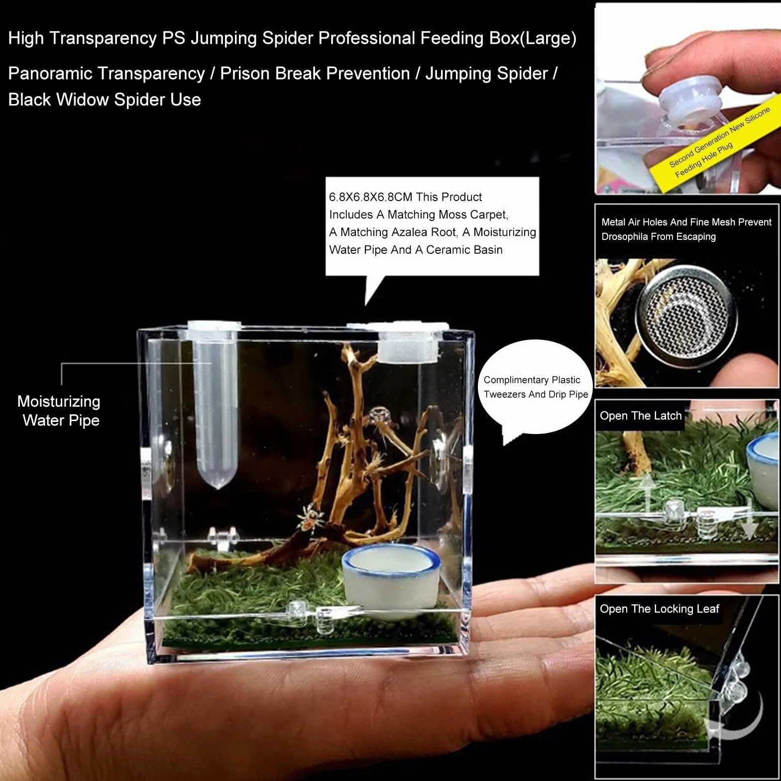 Terrarium acrylique pour araignée sauteuse avec motif d'alimentation, enclos pour reptile tarentule